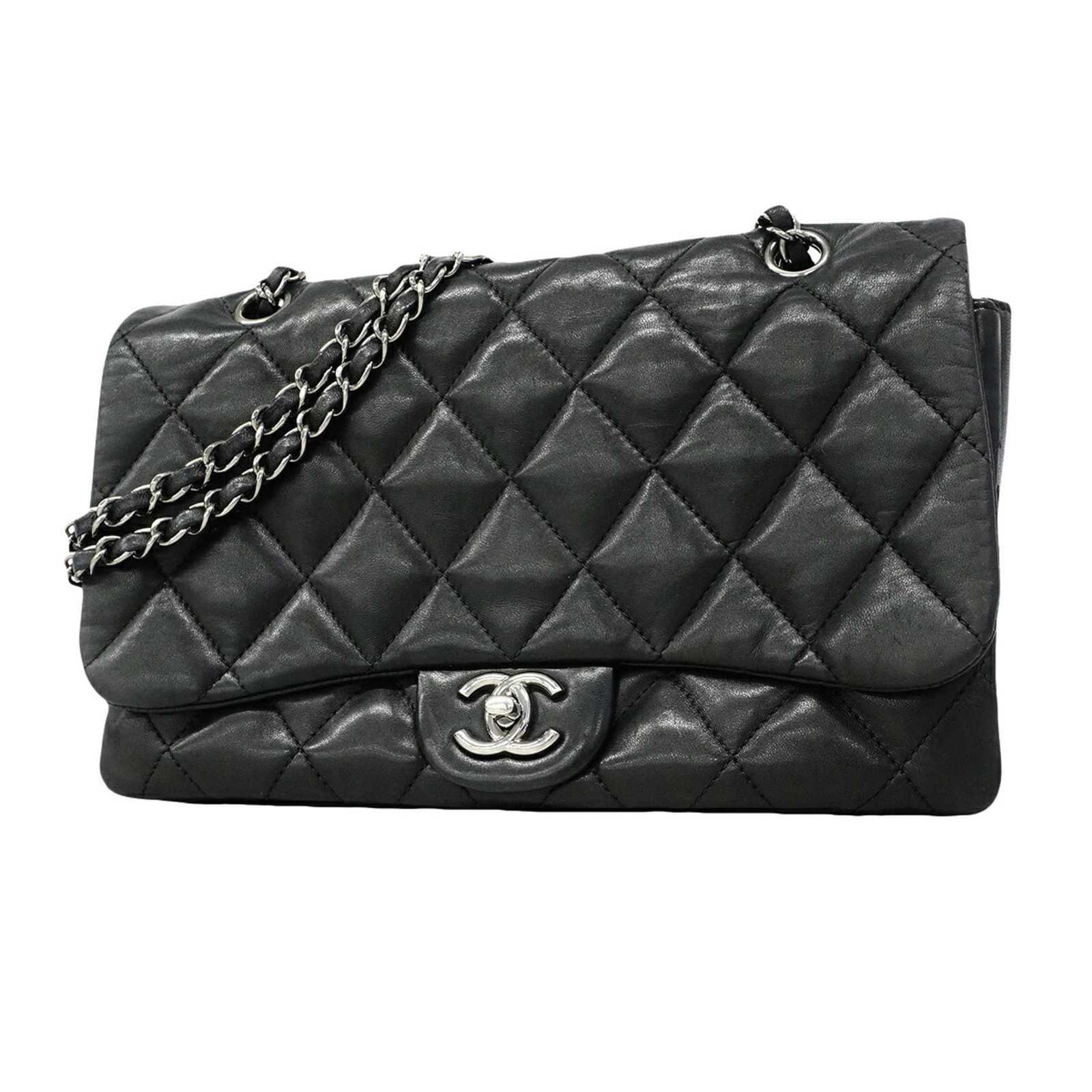 Shoulder Bag Leather Chanel: Shoulder Bag Leather Chanel This luxurious black leather shoulder bag from Chanel features sleek silver hardware and premium lambskin material, showcasing the iconic brand's timeless design. With its 