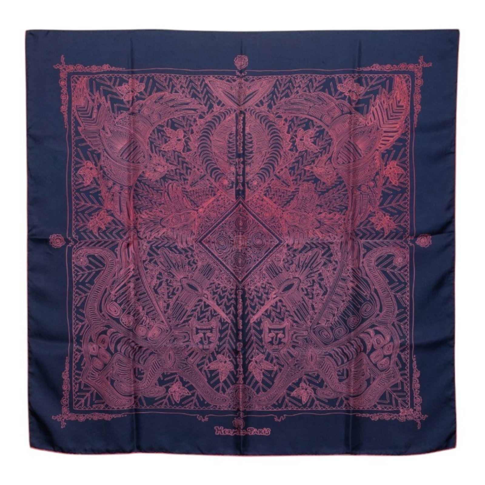 Hermes Silk Scarf: Hermes Silk Scarf Silk in navy and pink hues, this Hermes scarf measures 86cm x 84.5cm, crafted from high-quality silk material. The signature bears a distinctive mark, adding a touch of elegance to