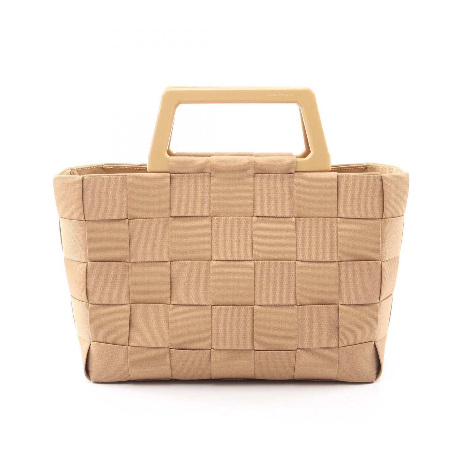Salvatore Ferragamo Handbag Fabric: Salvatore Ferragamo Handbag Fabric Salvatore Ferragamo handbag fabric, featuring the iconic brand's signature style. This beige-colored fabric measures 19cm x 24.5cm x 11cm and showcases the