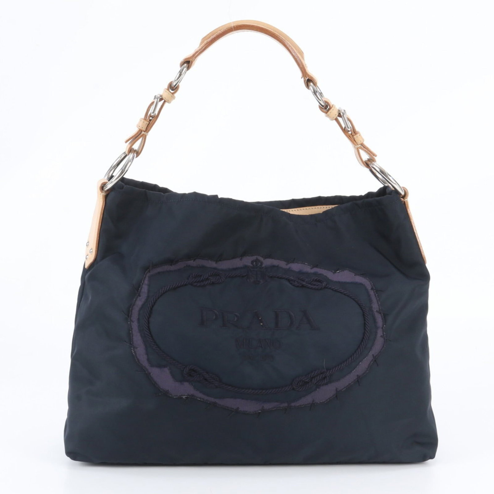 Nylon leather shoulder handbag by Prada: Nylon leather shoulder handbag by Prada Nylon and leather combine in this sleek, brown Prada shoulder handbag with navy accents. Measuring 29cm x 38cm x 8cm, it features a durable design that