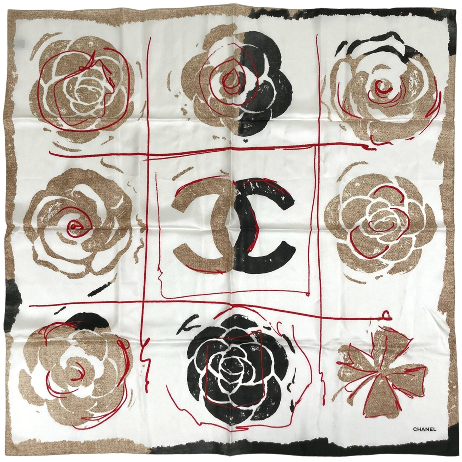 Chanel Silk Scarf: Chanel Silk Scarf Silk scarf in beige color, measuring 87cm x 87cm. Made from high-quality silk material, this Chanel scarf features a classic design that exudes timeless elegance. With its simple yet