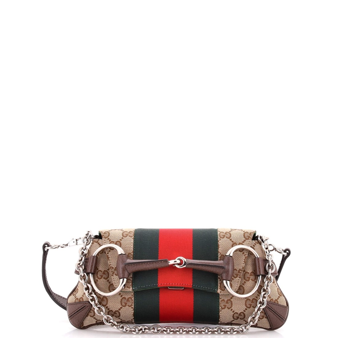 Horsebit Canvas GG NM Small Clutch Web Chain Gucci: Horsebit Canvas GG NM Small Clutch Web Chain Gucci Small Gucci Horsebit Canvas Web Chain Clutch in Brown with Green Satin Interior, featuring minor creases on exterior and interior, and silver hardwar