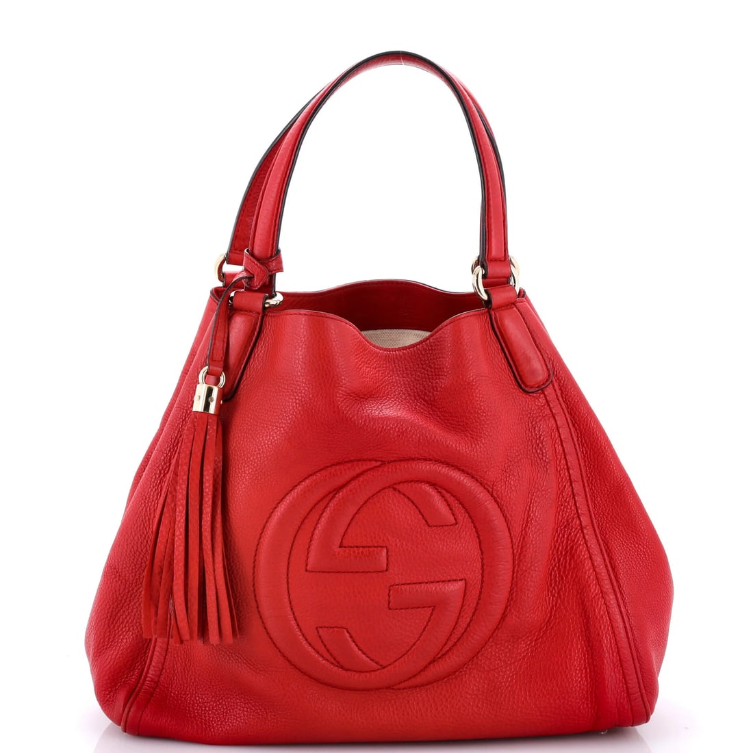 Gucci Soho Medium Leather Bag: Gucci Soho Medium Leather Bag The Gucci Soho Medium Leather Bag boasts a striking red exterior and sleek design, featuring gold-tone hardware. With its medium size and neutral interior, this shoulder 