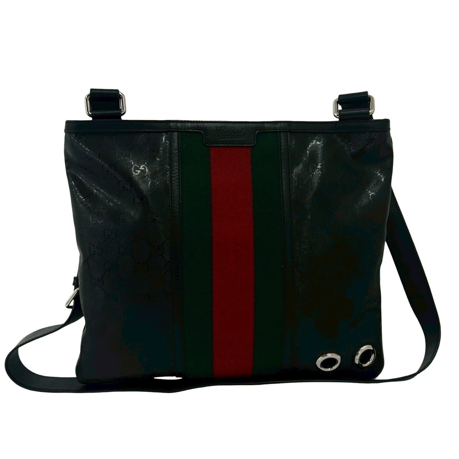 PVC Leather Shoulder Bag Gucci: PVC Leather Shoulder Bag Gucci This Gucci shoulder bag features high-quality leather and PVC materials, with a sleek black design. The bag's dimensions are 29cm x 34.5cm, making it a compact yet