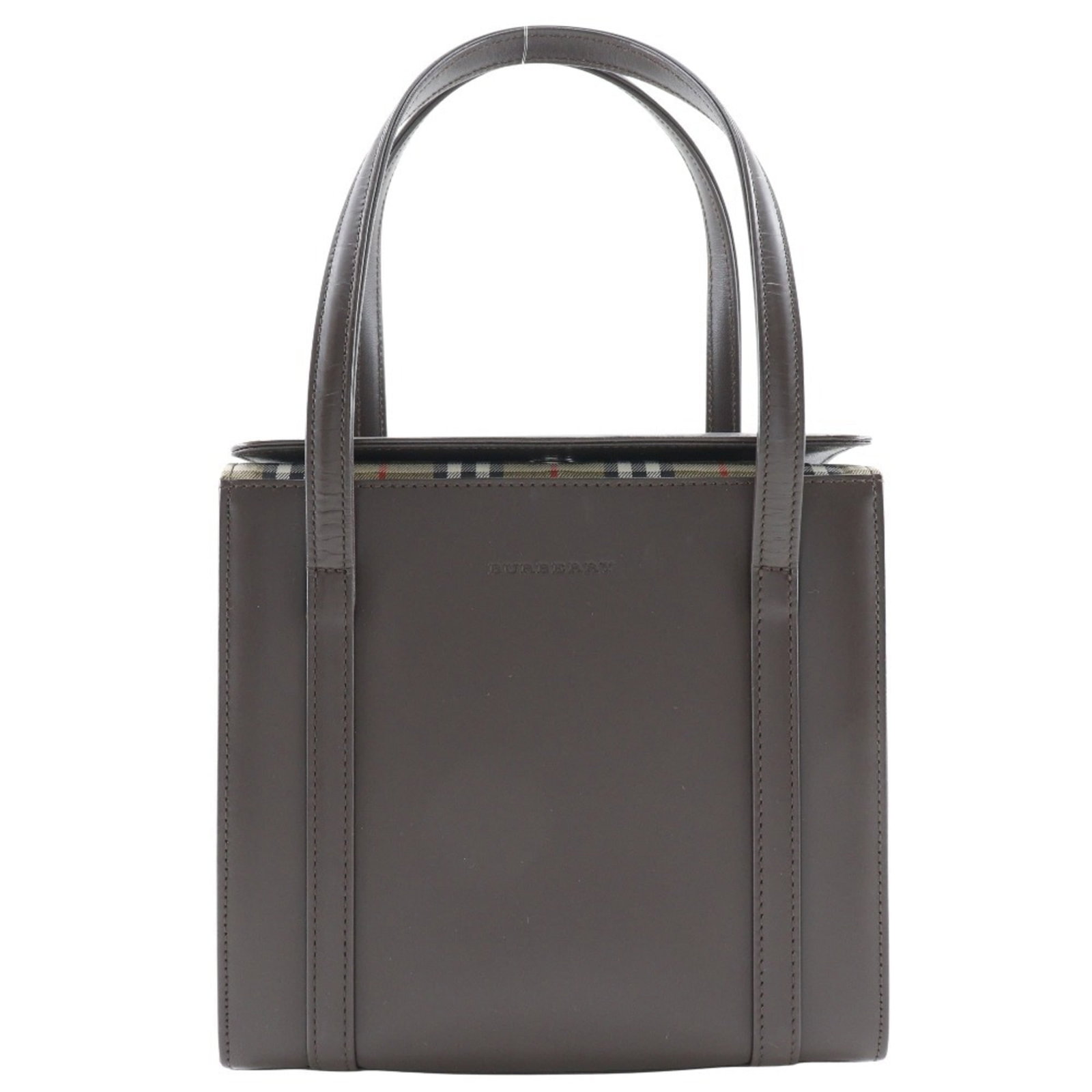 Handbag Leather by Burberry: Handbag Leather by Burberry Brown Calfskin Leather Handbag from Burberry. Made from high-quality leather, this classic handbag features a timeless design with clean lines and a compact size. Perfect
