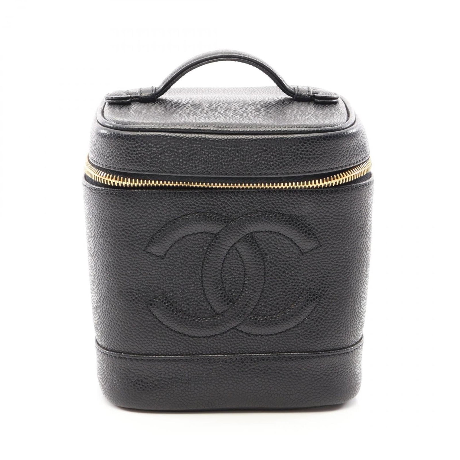Calfskin Handbag by Chanel: Calfskin Handbag by Chanel Grained Calfskin Handbag by Chanel in Black. This sleek, all-black handbag features high-quality grained calfskin material and a compact size perfect for everyday carry. Mea