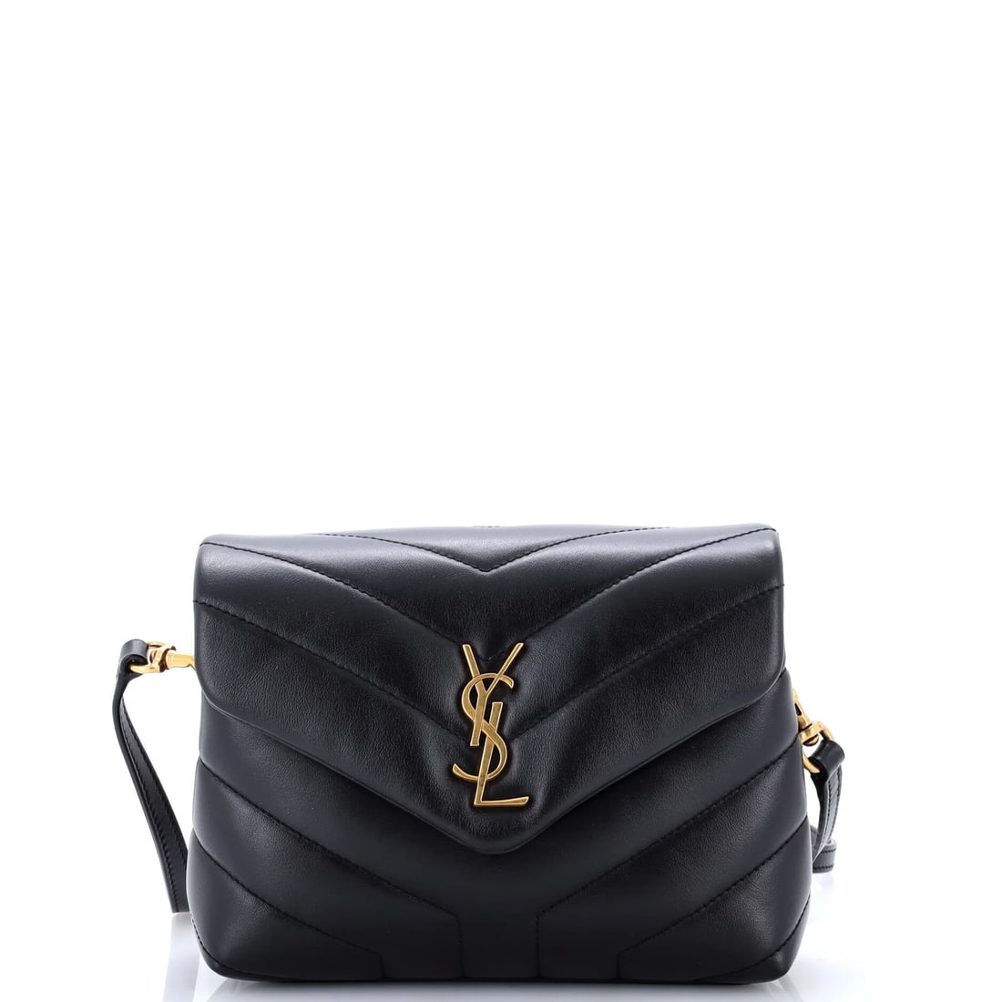 Loulou shoulder bag leather toy matelasse chevron saint laurent: Loulou shoulder bag leather toy matelasse chevron saint laurent Black leather Loulou shoulder bag with matelasse chevron design, featuring a cross body strap and minor creases on exterior. Measures
