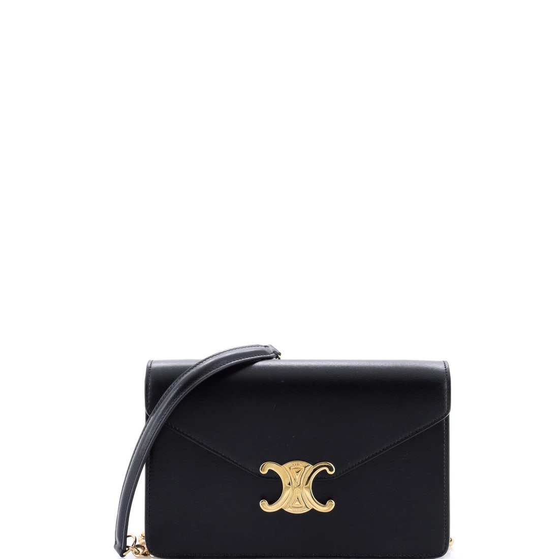 Celine wallet on leather chain triomphe: Celine wallet on leather chain triomphe The Celine Triomphe Wallet on Leather Chain is a stylish and versatile accessory, featuring black leather exterior with gold hardware. With its classic design a