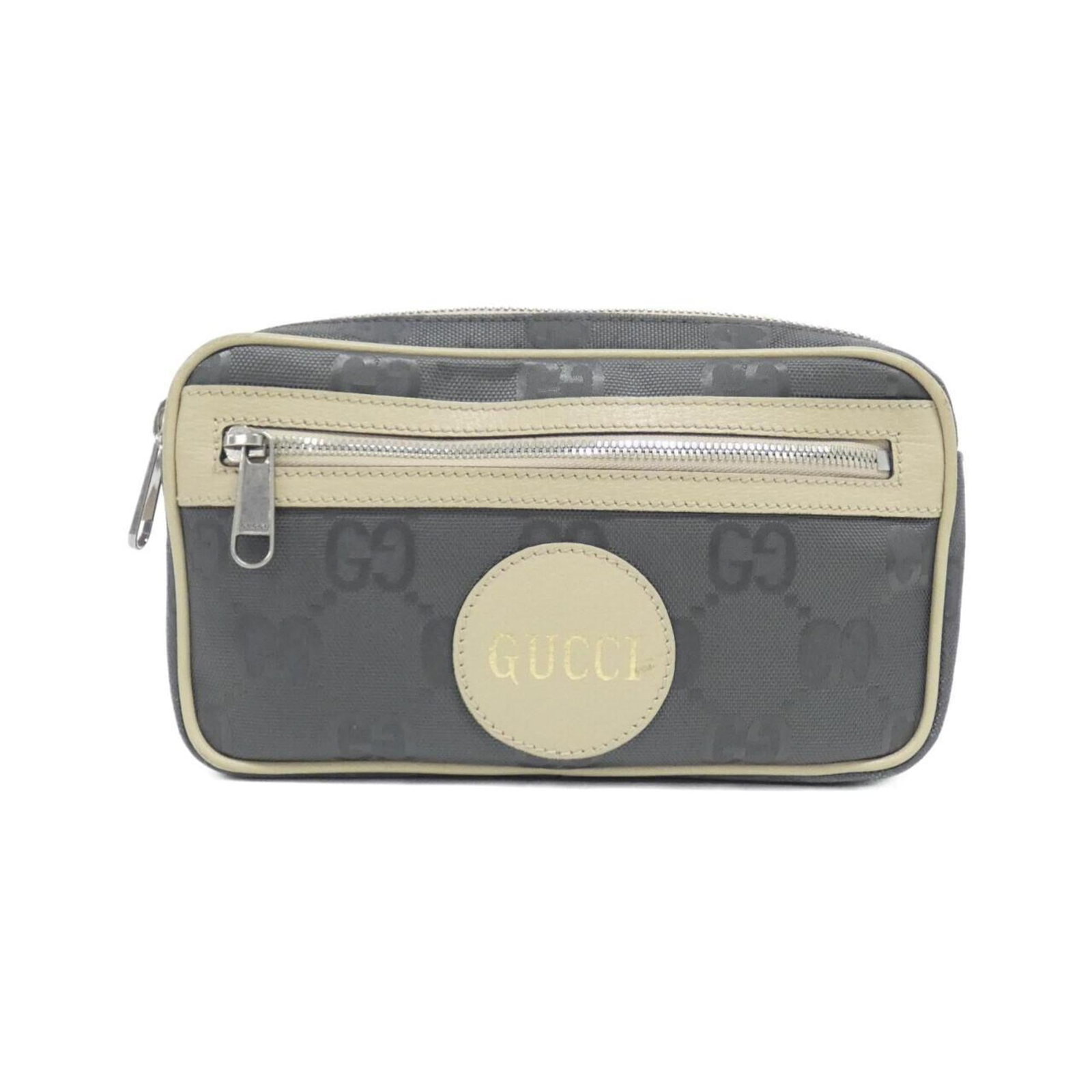 Nylon Leather Pack Fanny Gucci: Nylon Leather Pack Fanny Gucci Nylon Leather Pack Fanny Gucci features a unique blend of nylon and leather materials, with a dark gray and off-white color combination. Its compact size measures 14cm