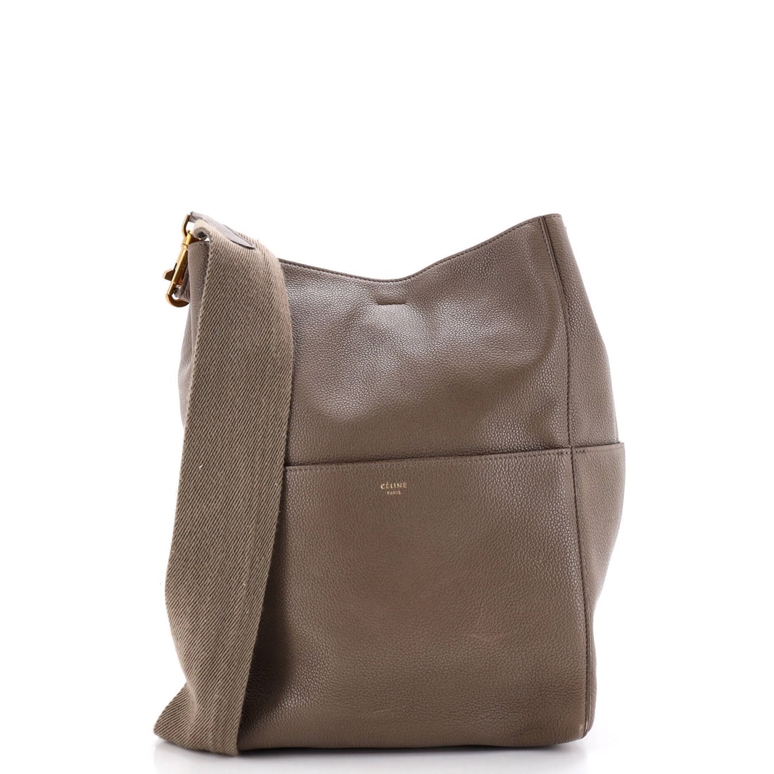 Calfskin bag large by Celine Seau: Calfskin bag large by Celine Seau Calfskin bag by Celine Seau, featuring a large size with gray exterior and suede interior. The bag's aged gold hardware adds a touch of sophistication to its classic