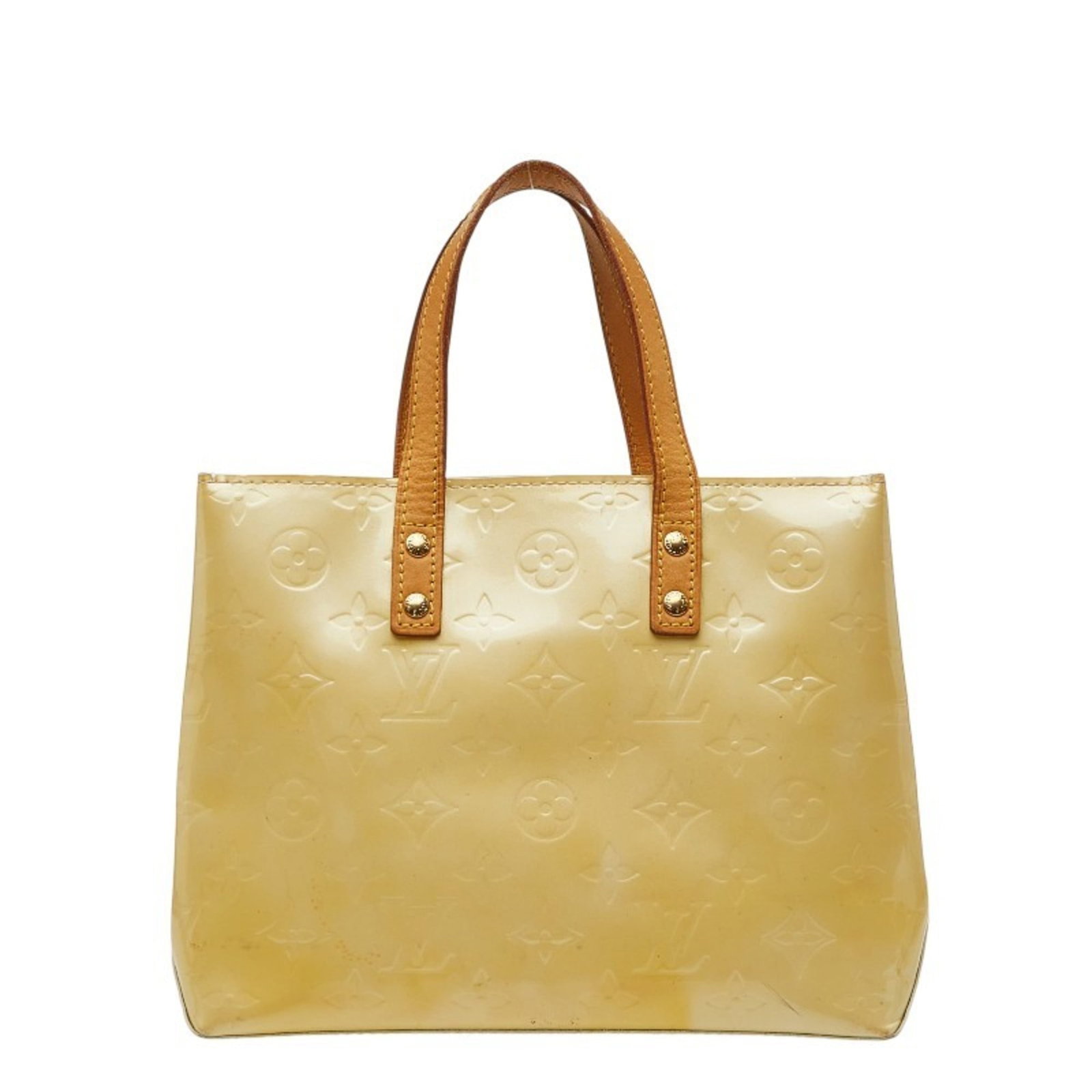 Patent Leather Louis Vuitton Handbag: Patent Leather Louis Vuitton Handbag Patent leather Louis Vuitton handbag in beige, measuring 18cm x 22cm x 10cm. This classic design showcases the iconic patent leather material, a timeless choice