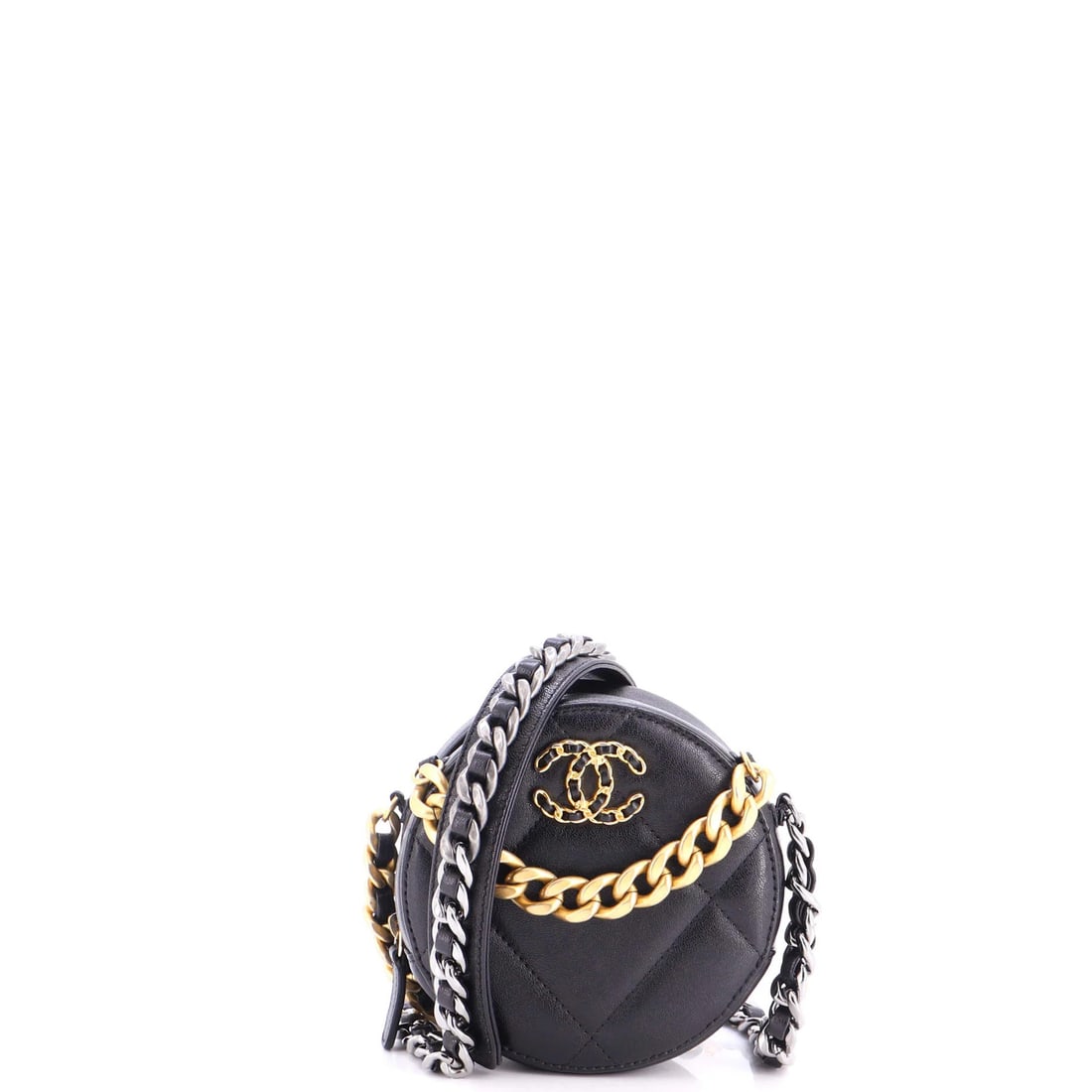 Round Quilted Chain Leather Clutch Chanel 19: Round Quilted Chain Leather Clutch Chanel 19 Round Quilted Chain Leather Clutch in Black. This Chanel 19 round quilted chain leather clutch boasts a classic design with minor creases and scuffs on the