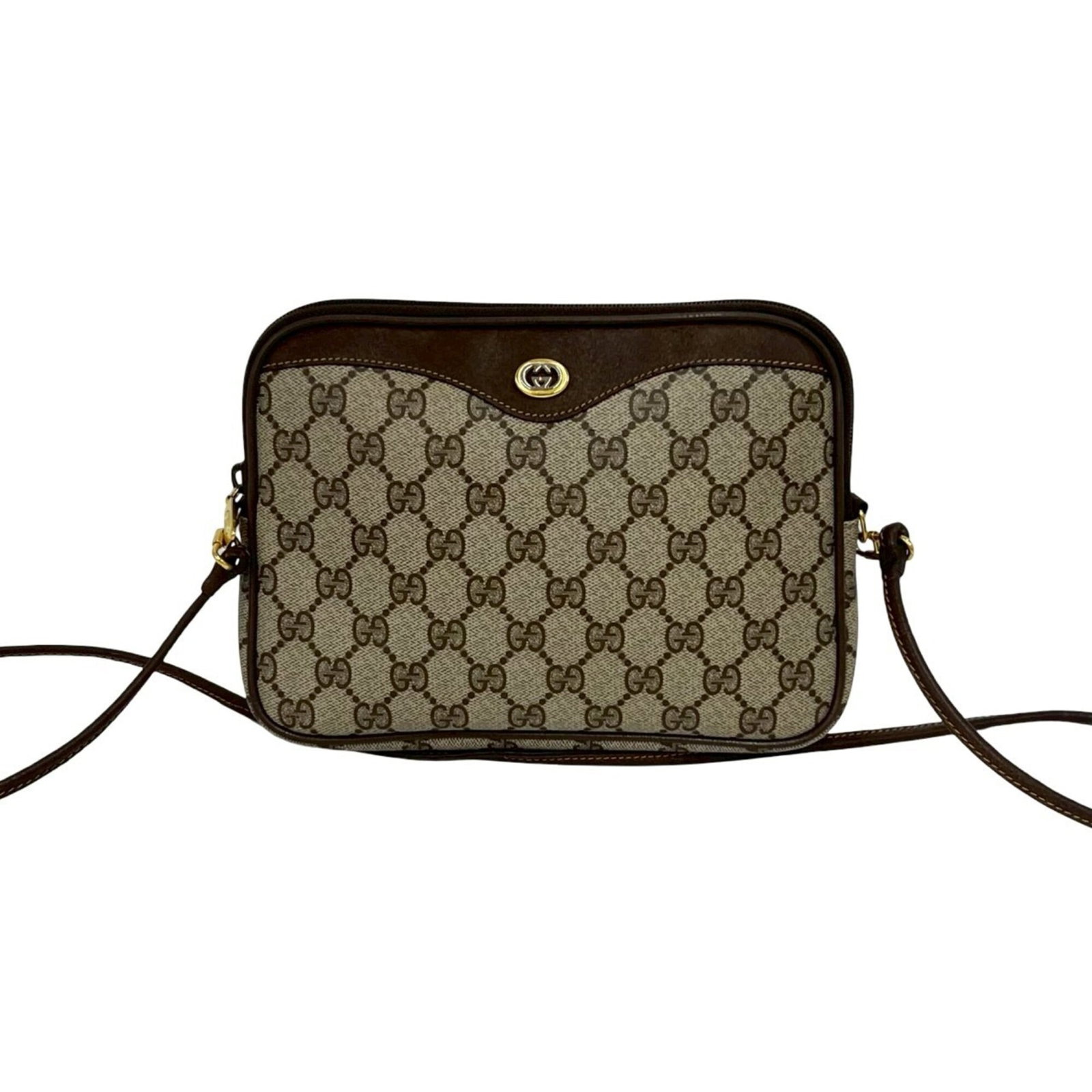 PVC leather bag shoulder pochette Gucci: PVC leather bag shoulder pochette Gucci Brown Gucci PVC leather pochette with shoulder strap, measuring 16cm x 23cm x 5cm. This stylish bag features a unique blend of materials and a classic design th