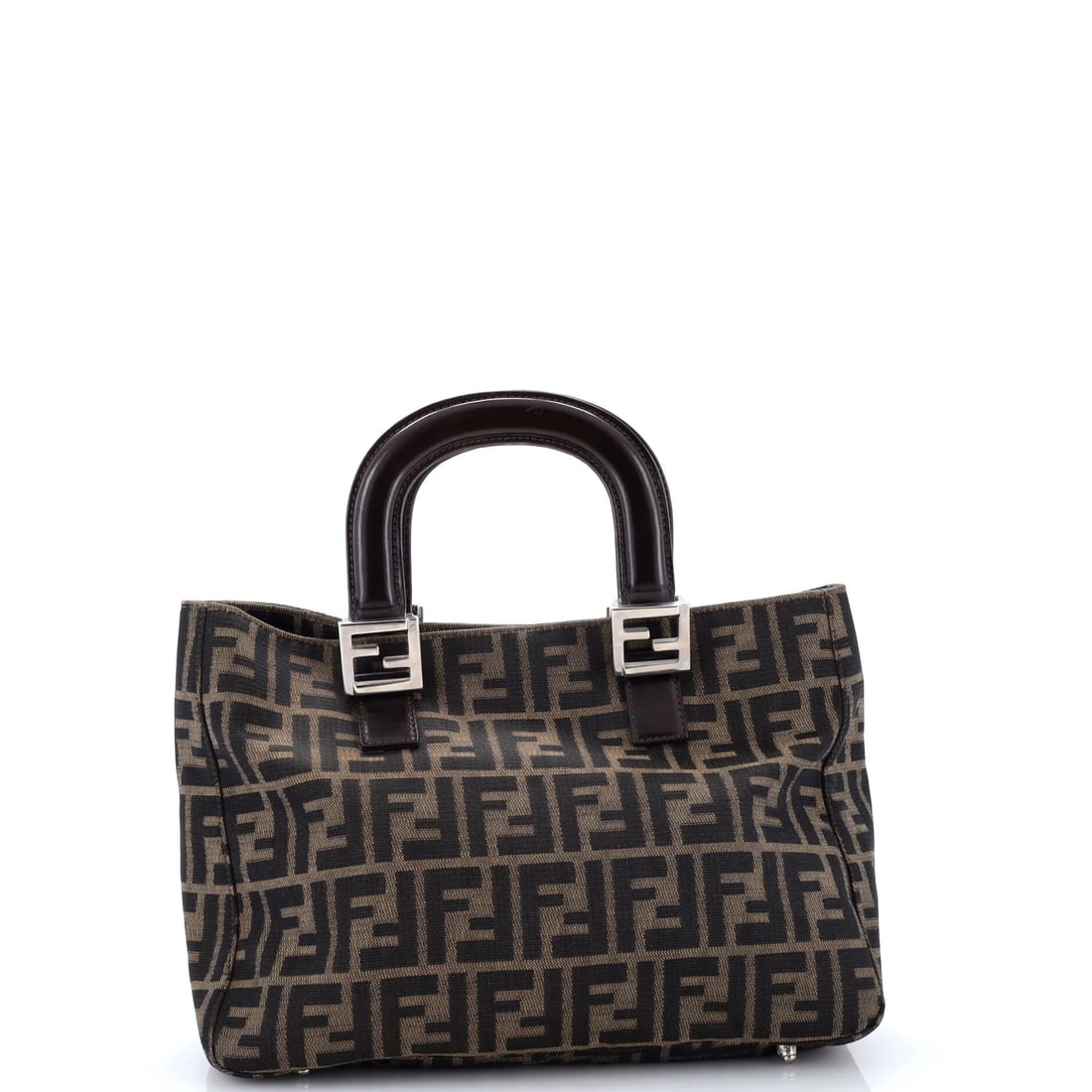 Fendi Small Canvas Tote Zucca FF Vintage Handle: Fendi Small Canvas Tote Zucca FF Vintage Handle The Fendi Small Canvas Tote Zucca FF Vintage Handle features a timeless design with a brown canvas exterior and matching interior, adorned with silver h