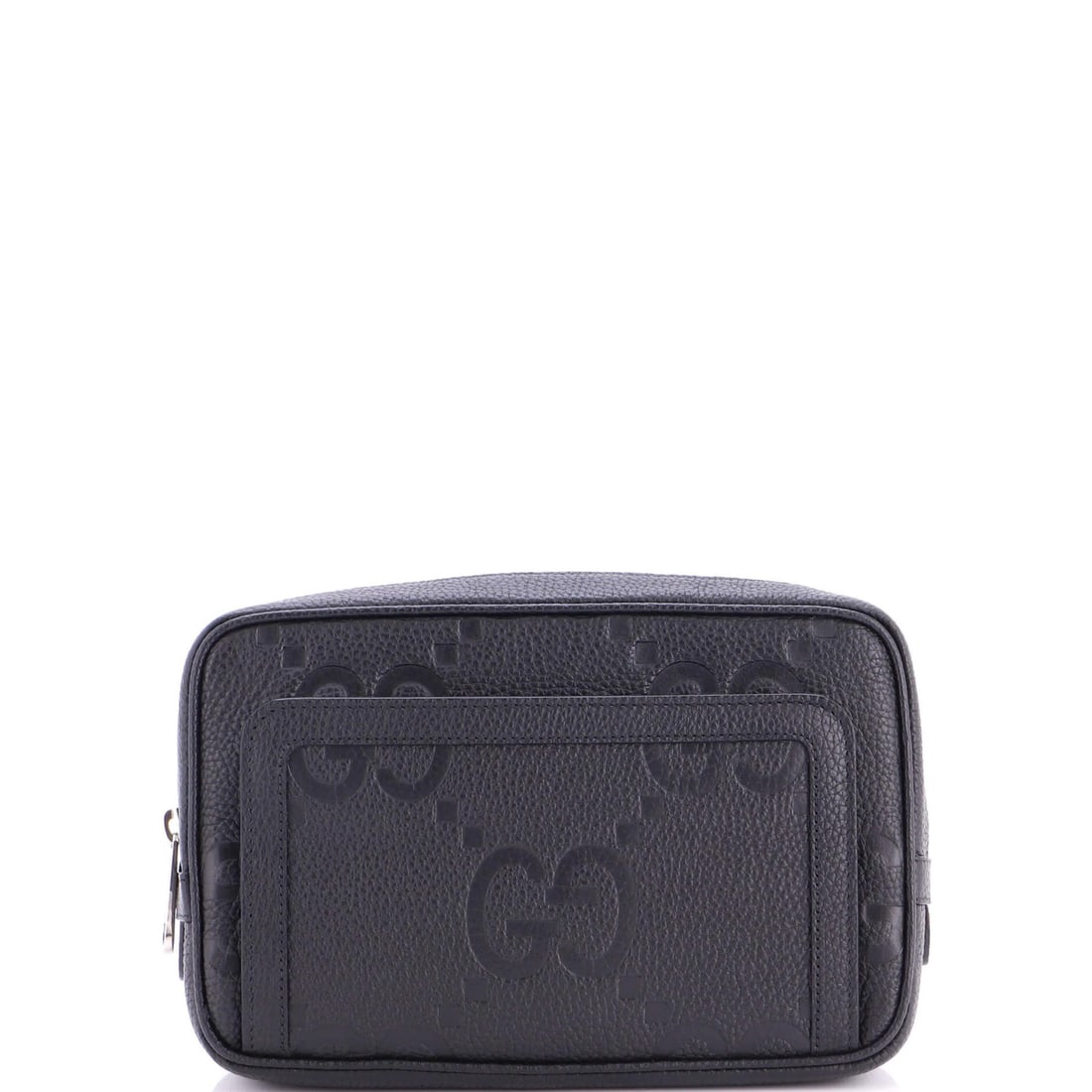 GG Embossed Leather Belt Bag Gucci Jumbo Small: GG Embossed Leather Belt Bag Gucci Jumbo Small Black GG Embossed Leather Belt Bag from Gucci, featuring a small size with a height of 5", width of 8.5", and depth of 2". The exterior showcases