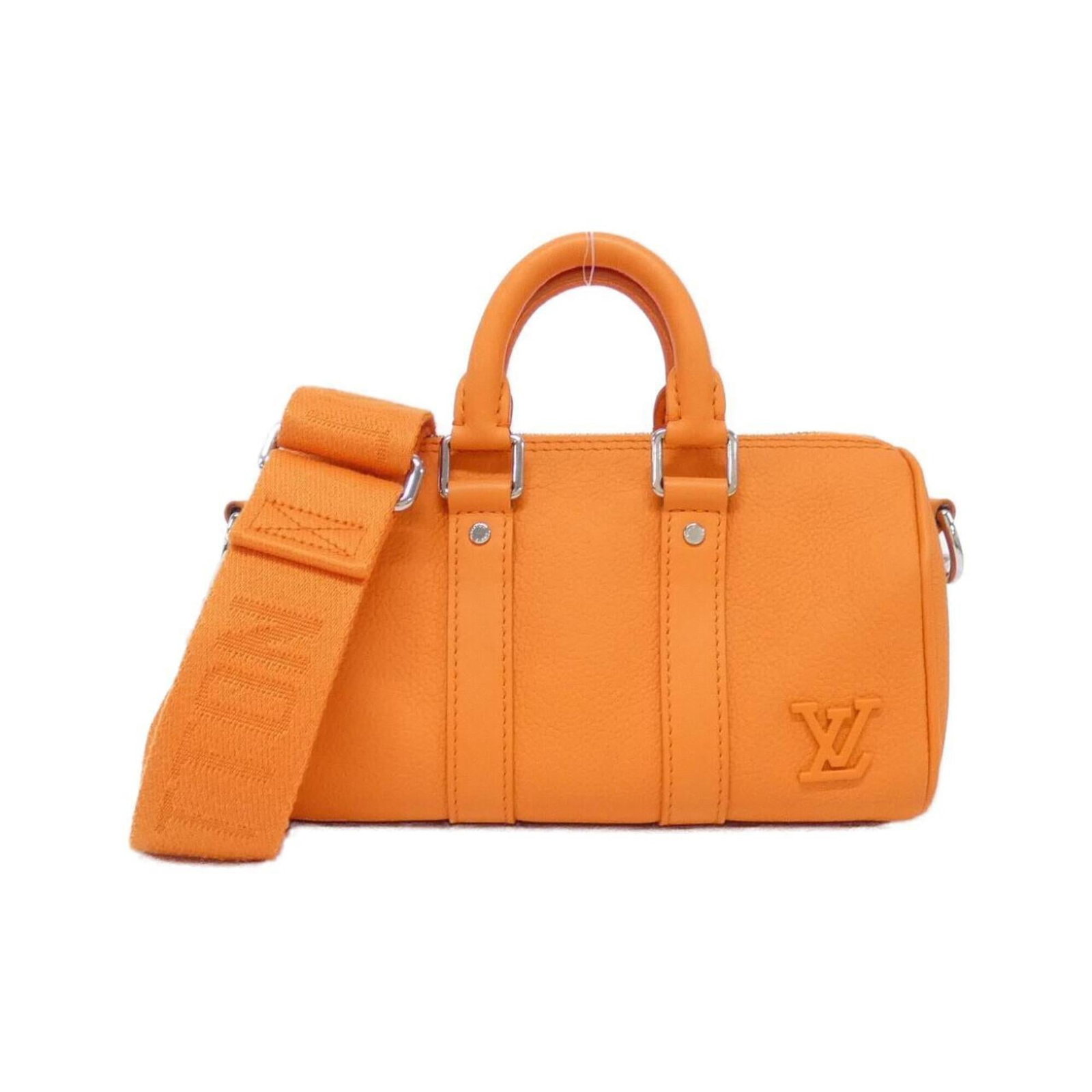 Louis Vuitton Boston Leather Bag: Louis Vuitton Boston Leather Bag Louis Vuitton Boston Leather Bag, crafted from high-quality calf leather in vibrant orange, features sleek silver hardware and a timeless design. Measuring 12cm x 21cm