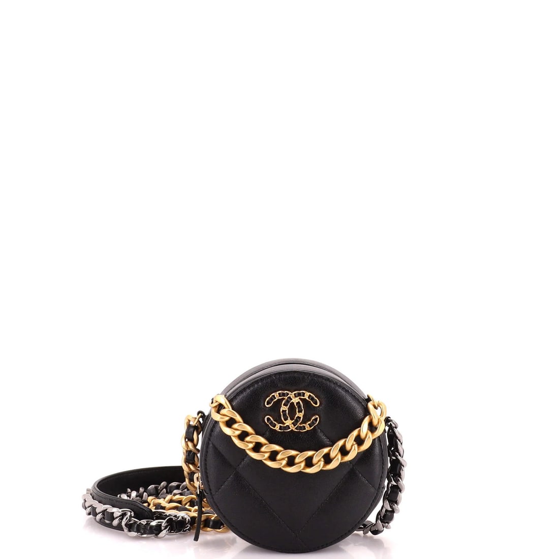 Round Quilted Chain Leather Clutch Chanel 19: Round Quilted Chain Leather Clutch Chanel 19 The Round Quilted Chain Leather Clutch Chanel 19 boasts a sleek, all-black design with intricate quilted details and a chain-link strap that adds an edgy t