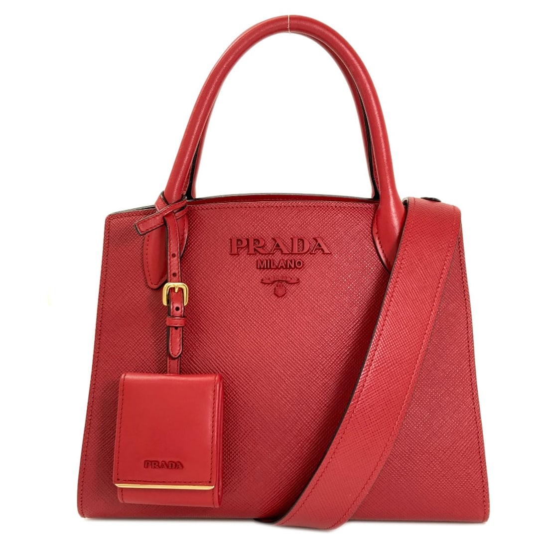 Monochrome 2way Handbag Safiano: Monochrome 2way Handbag Safiano The PRADA Monochrome 2-way Handbag in red features Safiano exterior material, showcasing the iconic brand's signature style. This sleek and modern handbag boasts a stri