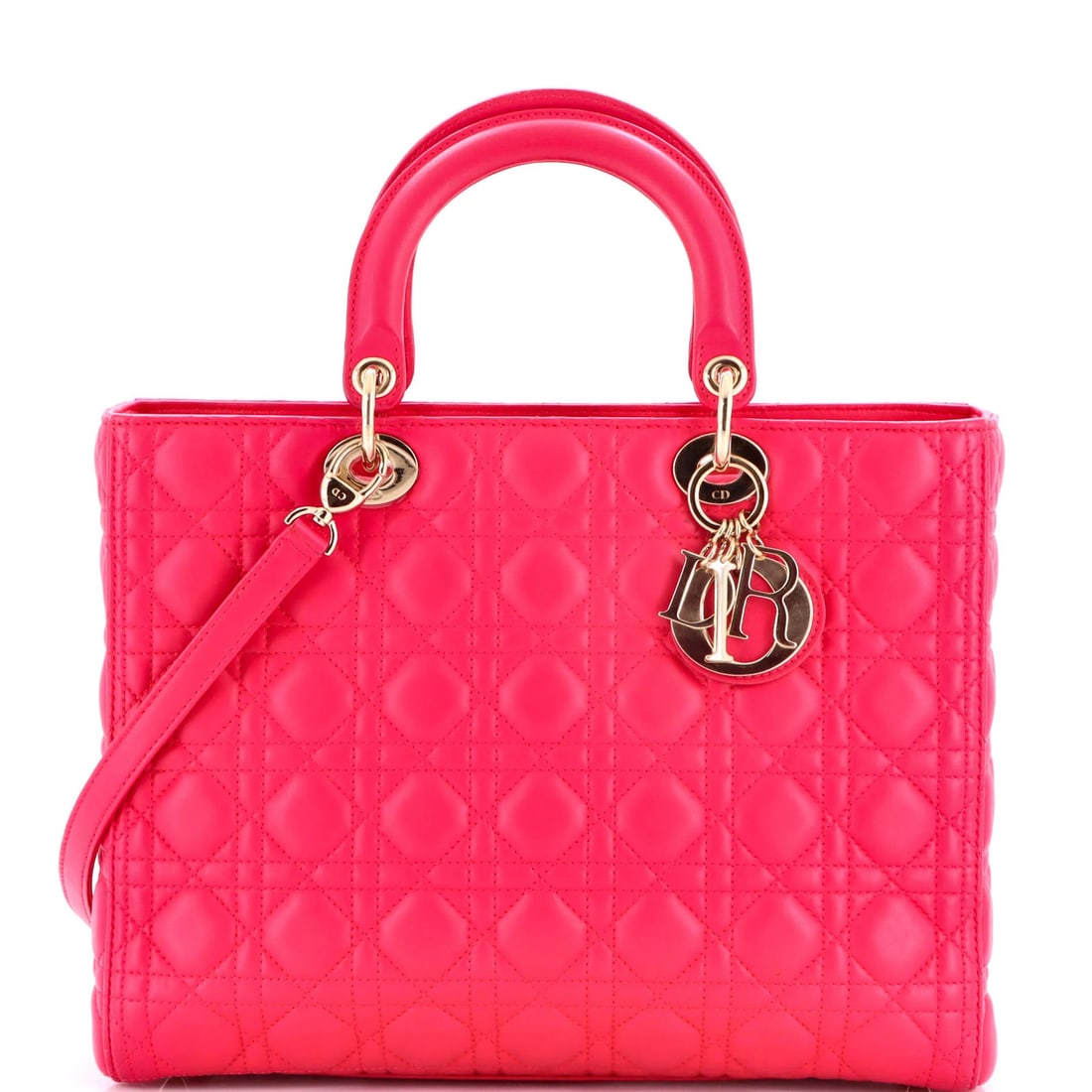 Cannage bag lady large lambskin quilt dior Christian: Cannage bag lady large lambskin quilt dior Christian Pink leather Lady Dior Bag Cannage Quilt Lambskin Large features gold hardware and a neutral interior. Measuring 10" high, 12.5" wide, and 4" deep,