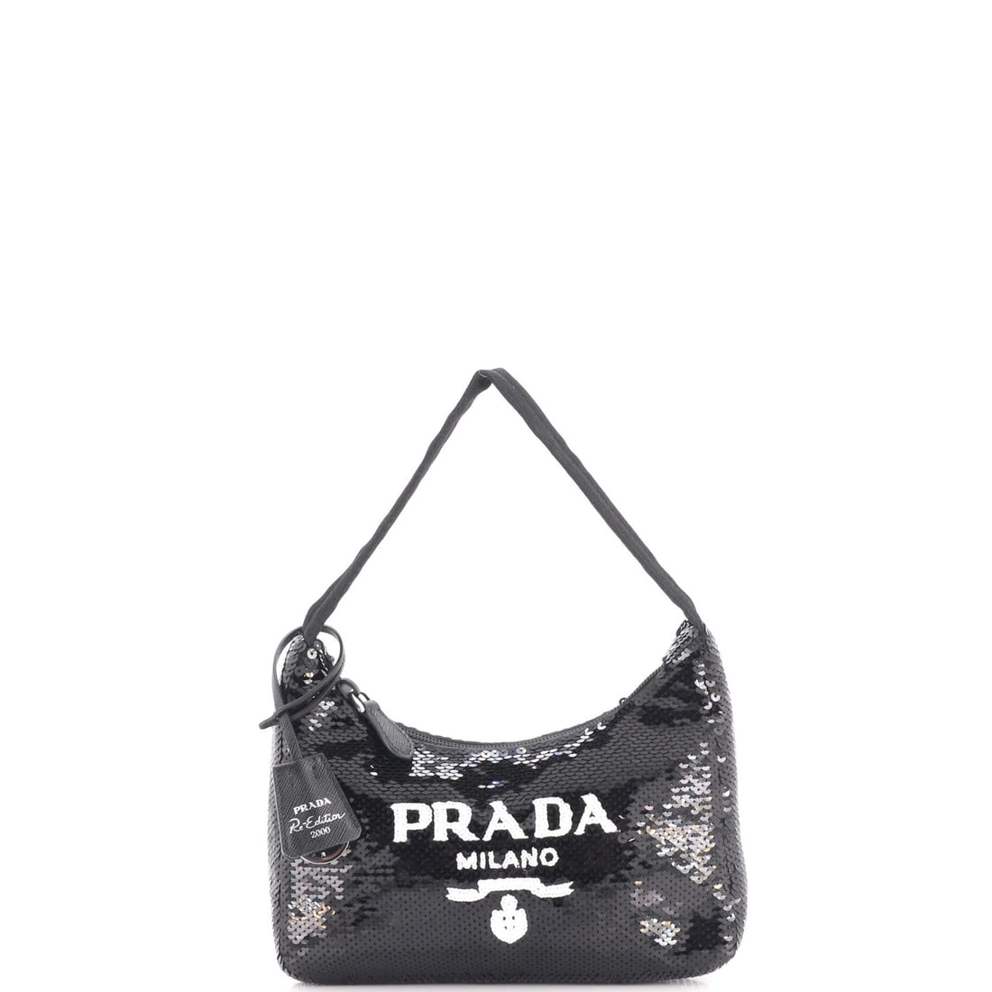 Prada Re-Edition 2000 Hobo Sequins Mini: Prada Re-Edition 2000 Hobo Sequins Mini The Prada Re-Edition 2000 Hobo Sequins Mini boasts a striking sequin exterior in black, adding a touch of glamour to its compact design. With minor scuffs and s