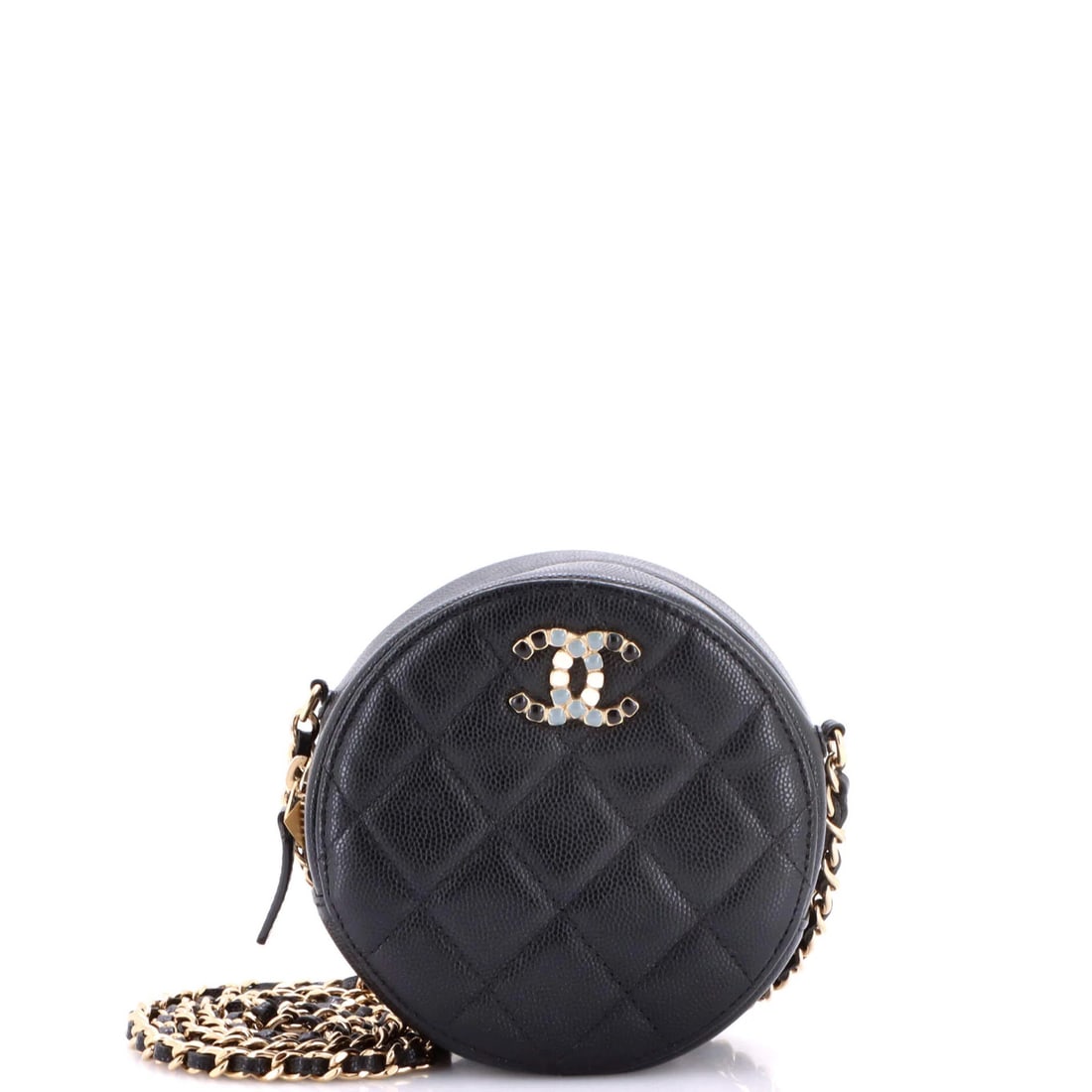 Coco Chanel Round Clutch Candy with Chain Quilted Caviar: Coco Chanel Round Clutch Candy with Chain Quilted Caviar Black leather Coco Chanel Round Clutch with Chain Quilted Caviar features a classic design and elegant chain details. The minor scuffs on the e