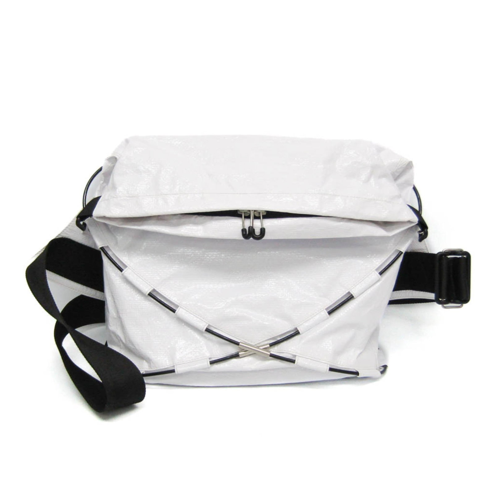 Polypropylene shoulder bag sling bag by Bottega Veneta: Polypropylene shoulder bag sling bag by Bottega Veneta Polypropylene shoulder bag sling by Bottega Veneta features a sleek black and white design, crafted from durable polypropylene material.