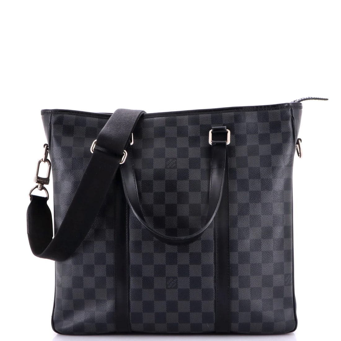 Damier Graphite Tadao Handbag Louis Vuitton: Damier Graphite Tadao Handbag Louis Vuitton Black Damier Graphite canvas coated tote bag from Louis Vuitton's Tadao handbag collection, featuring a classic design with heavy edge wear and scuffs. The
