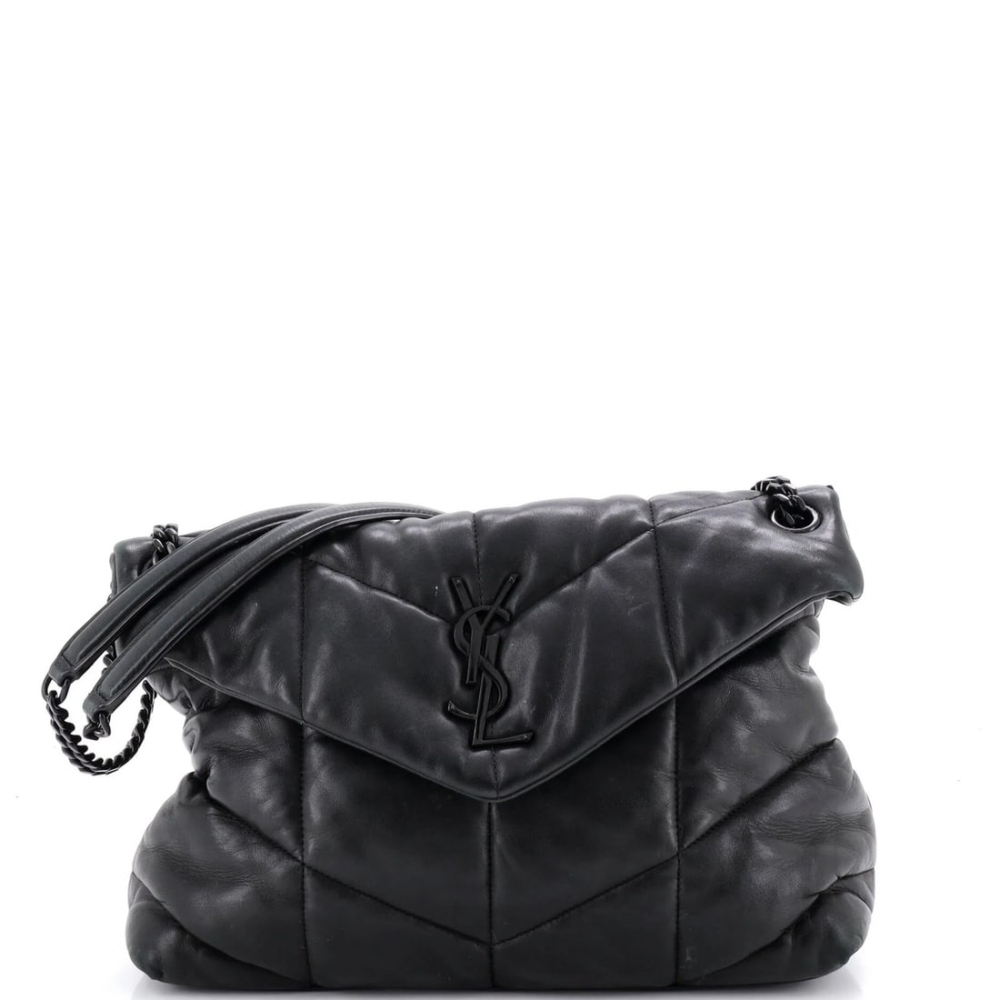 Loulou Puffer Quilted Bag Shoulder Medium Saint Laurent: Loulou Puffer Quilted Bag Shoulder Medium Saint Laurent Black quilted leather Saint Laurent Loulou Puffer shoulder bag with medium size, featuring heavy corner wear, scuffs, creases, edge wear, and