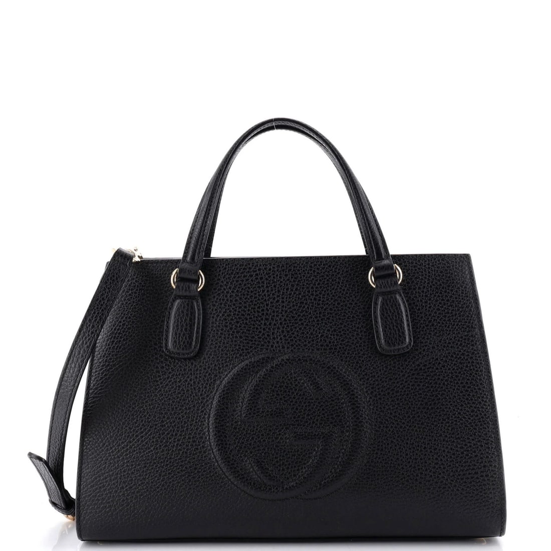 Soho convertible satchel top medium leather handle Gucci: Soho convertible satchel top medium leather handle Gucci Black leather medium Soho convertible top handle satchel from Gucci, featuring a gold tone hardware and neutral interior. The exterior shows