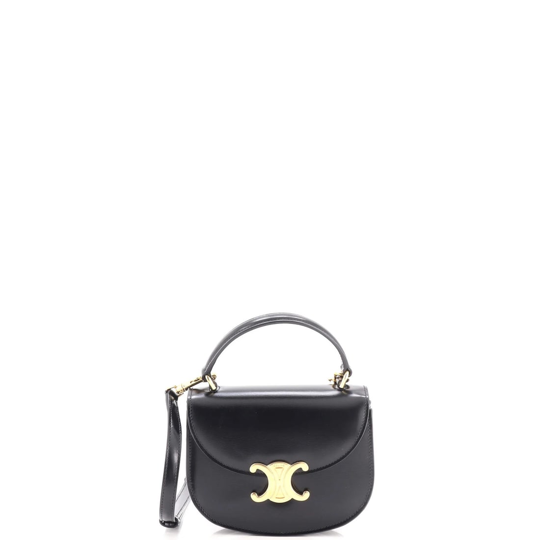 Celine Triomphe Besace Clea Top Handle Flap Bag Leather Mini: Celine Triomphe Besace Clea Top Handle Flap Bag Leather Mini Black leather mini bag with top handle and flap closure, featuring gold hardware. Measuring 5" in height, 6" in width, and 2" in depth, it