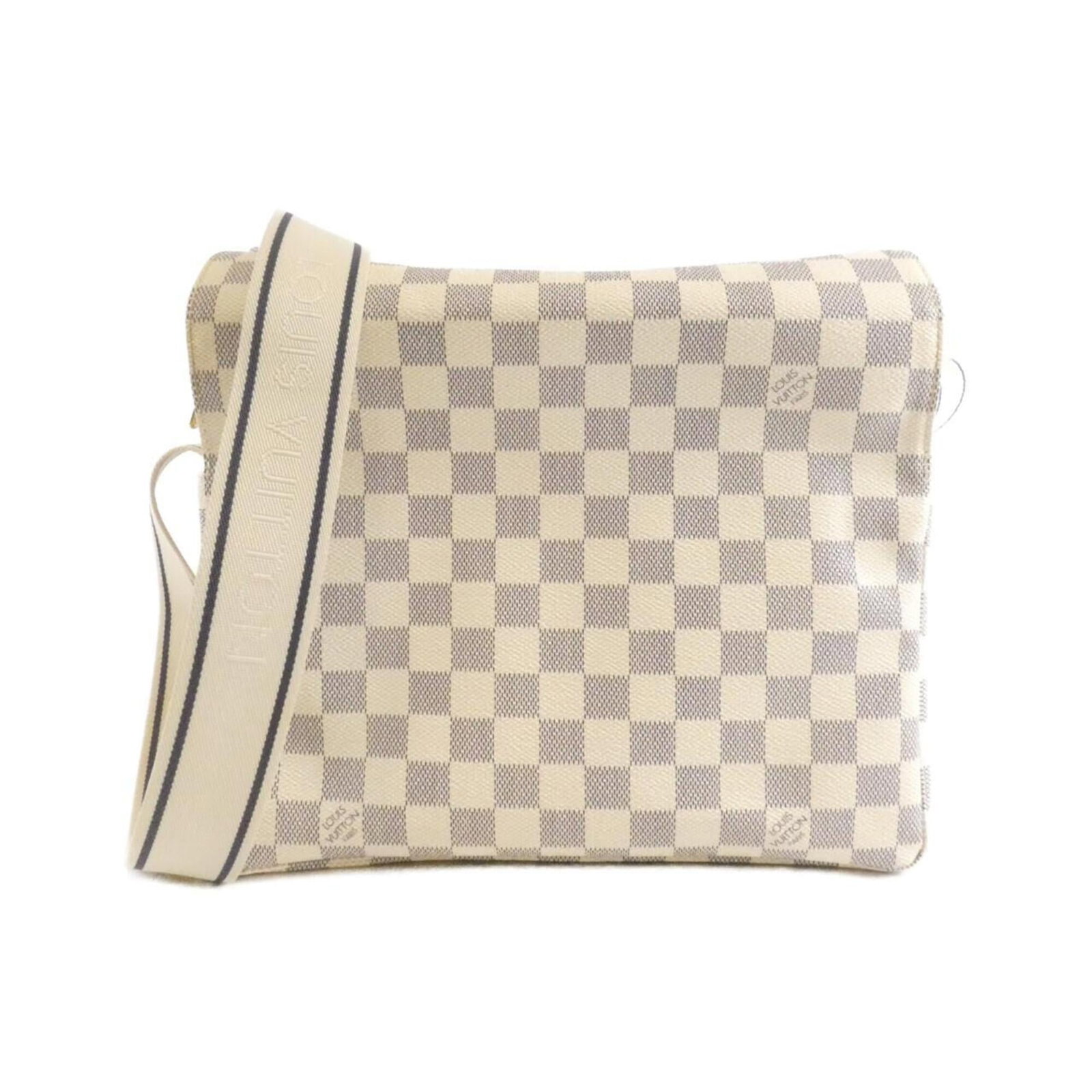 Shoulder bag coated canvas by Louis Vuitton: Shoulder bag coated canvas by Louis Vuitton Coated canvas by Louis Vuitton, featuring azur color and gold hardware, this shoulder bag boasts a classic design. Measuring 24cm x 28cm x 14cm, it offers