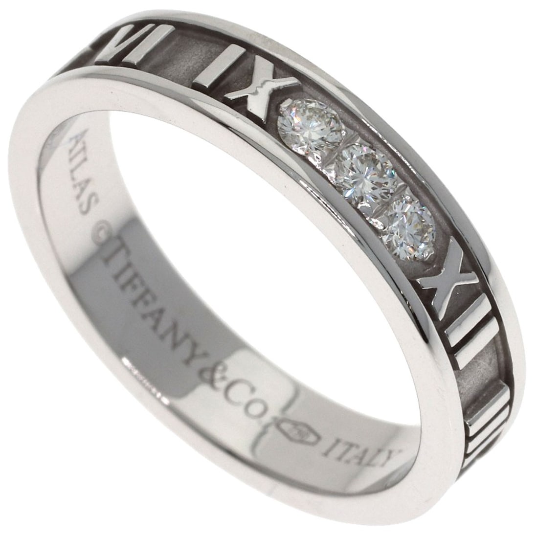 Tiffany&Co. Atlas Narrow Diamond Ring K18 White Gold: Tiffany&Co. Atlas Narrow Diamond Ring K18 White Gold K18 White Gold Diamond Ring from Tiffany&Co. stands out with its sleek design and silver metal exterior, featuring a main diamond stone set in a na