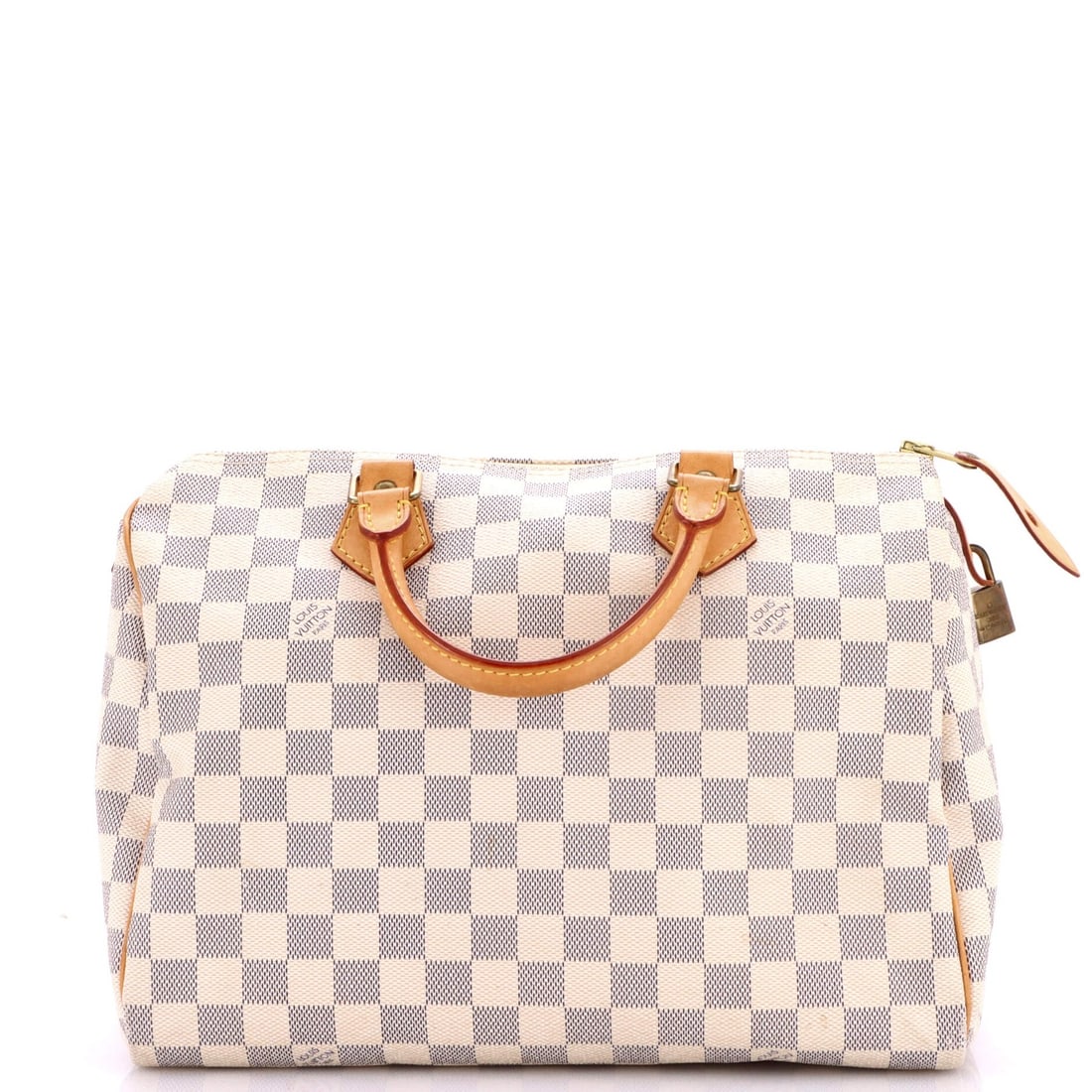 Vuitton Speedy Louis Handbag Damier: Vuitton Speedy Louis Handbag Damier Canvas Coated Damier print on white exterior, iconic Speedy Louis Vuitton handbag with top handle and neutral interior. Measuring 30" in height, width, and depth, t