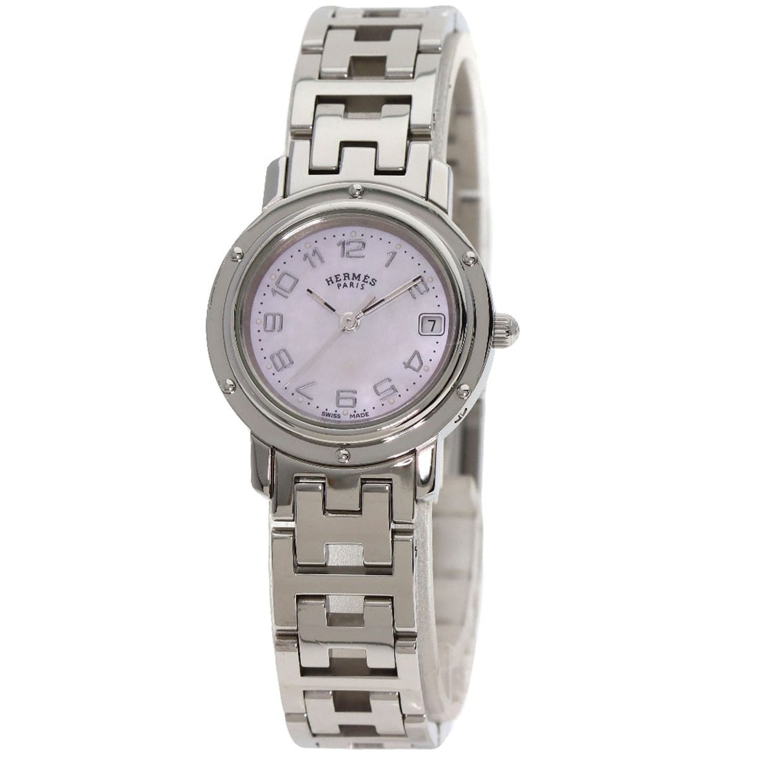 Clipper Buckle Watches Nacre Stainless Steel Hermes New: Clipper Buckle Watches Nacre Stainless Steel Hermes New Stainless steel and silver hues come together in this sleek Clipper Buckle watch from Hermes, featuring an analog display and quartz movement. T