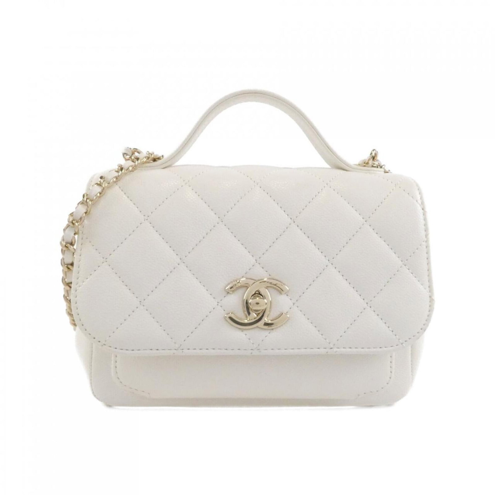 Calfskin Handbag by Chanel: Calfskin Handbag by Chanel White Grained Calfskin Handbag by Chanel features a classic design with clean lines and a timeless aesthetic. Made from high-quality materials, the bag's structured shape