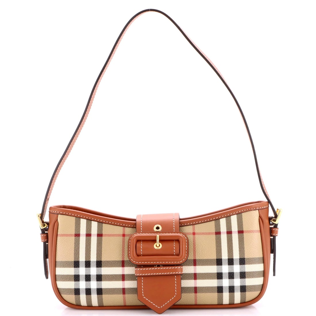Buckle Sling Shoulder Bag Vintage Check Coated Canvas Burberry: Buckle Sling Shoulder Bag Vintage Check Coated Canvas Burberry Buckle Sling Shoulder Bag in Brown Canvas, featuring a classic Burberry design with gold hardware and leather interior. This vintage