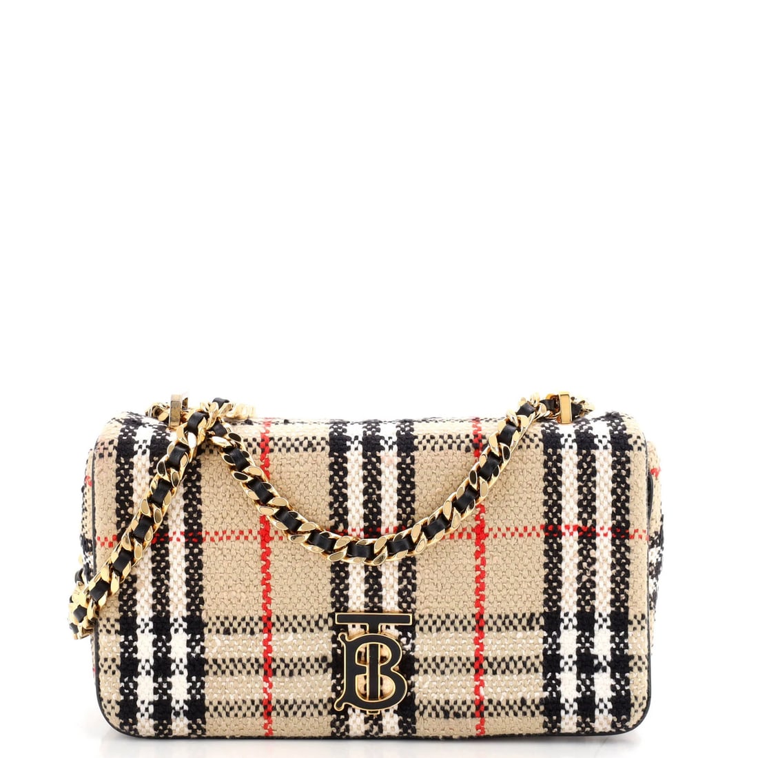 Check Tweed Vintage Small Lola Bag Shoulder Burberry: Check Tweed Vintage Small Lola Bag Shoulder Burberry The Burberry Check Tweed Small Lola Bag Shoulder is a charming vintage find, boasting a neutral exterior with minor fraying and discoloration. Its 