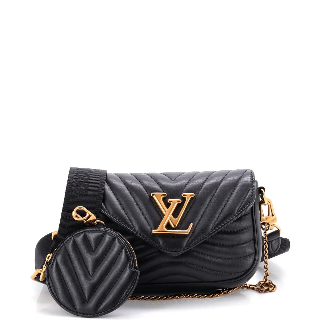 Multi quilted leather pochette by Louis Vuitton new wave: Multi quilted leather pochette by Louis Vuitton new wave Black quilted leather cross body pochette by Louis Vuitton New Wave, featuring heavy edge wear and scuffs on the exterior. This multi quilted