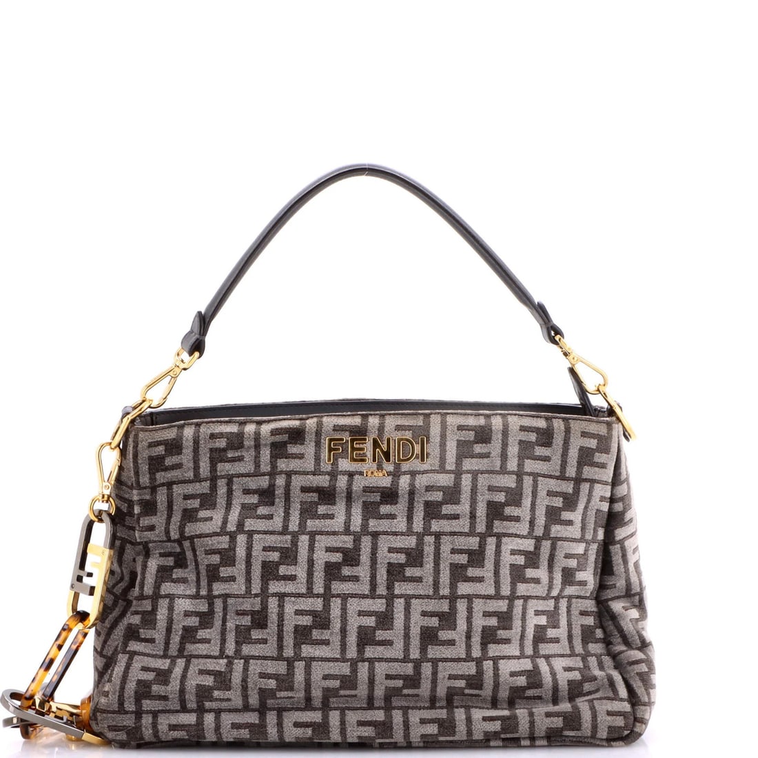 Fendi O'Lock Zip Shoulder Bag Zucca Chenille: Fendi O'Lock Zip Shoulder Bag Zucca Chenille The Fendi O'Lock Zip Shoulder Bag Zucca Chenille boasts a sleek, gray exterior with minor creases and corner wear. This stylish bag features a resin