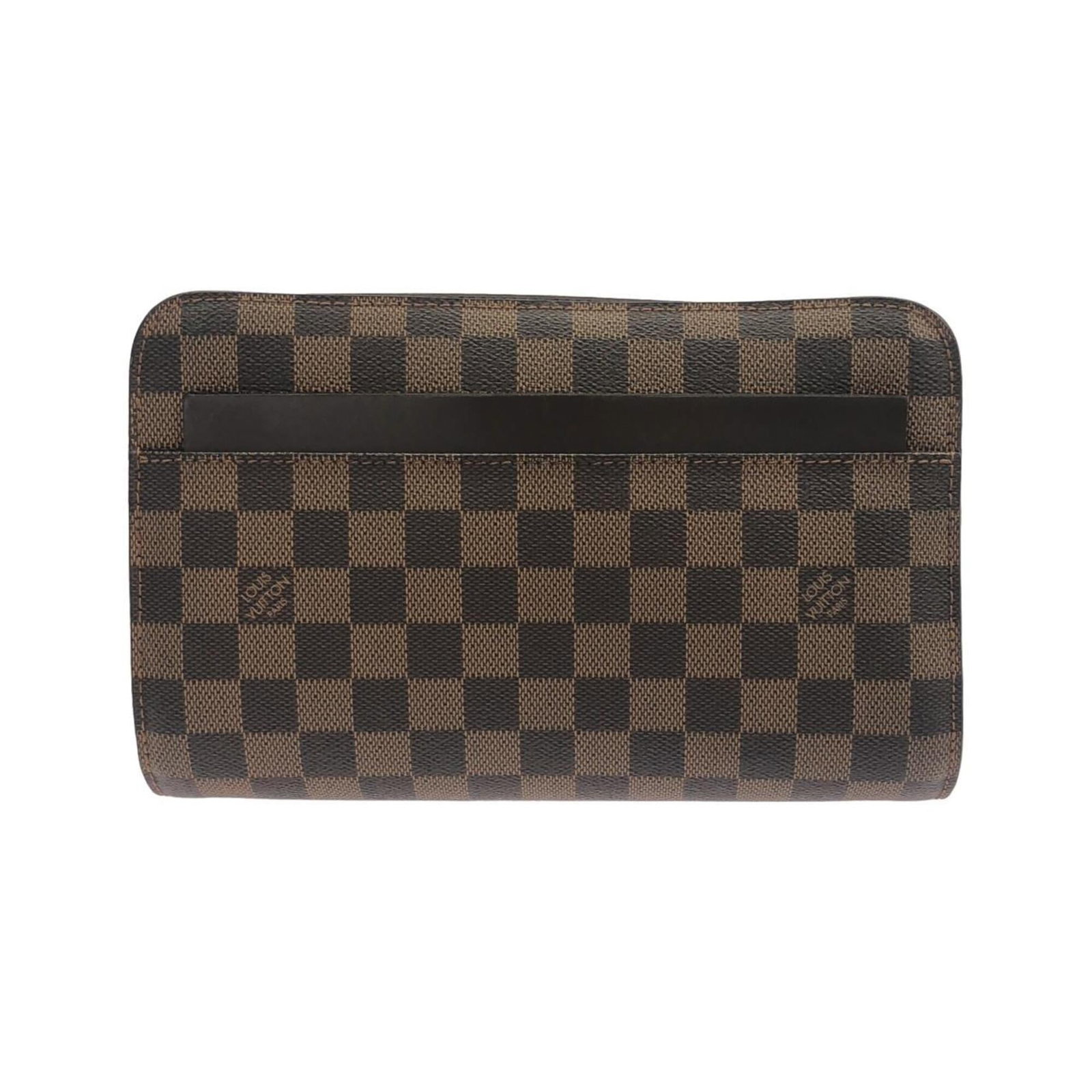 Canvas coated clutch bag by Louis Vuitton: Canvas coated clutch bag by Louis Vuitton Coated canvas, Ebene color, and sleek design make this Louis Vuitton clutch bag a stylish accessory. Measuring 16cm x 24.5cm x 5cm, it's perfect for carrying