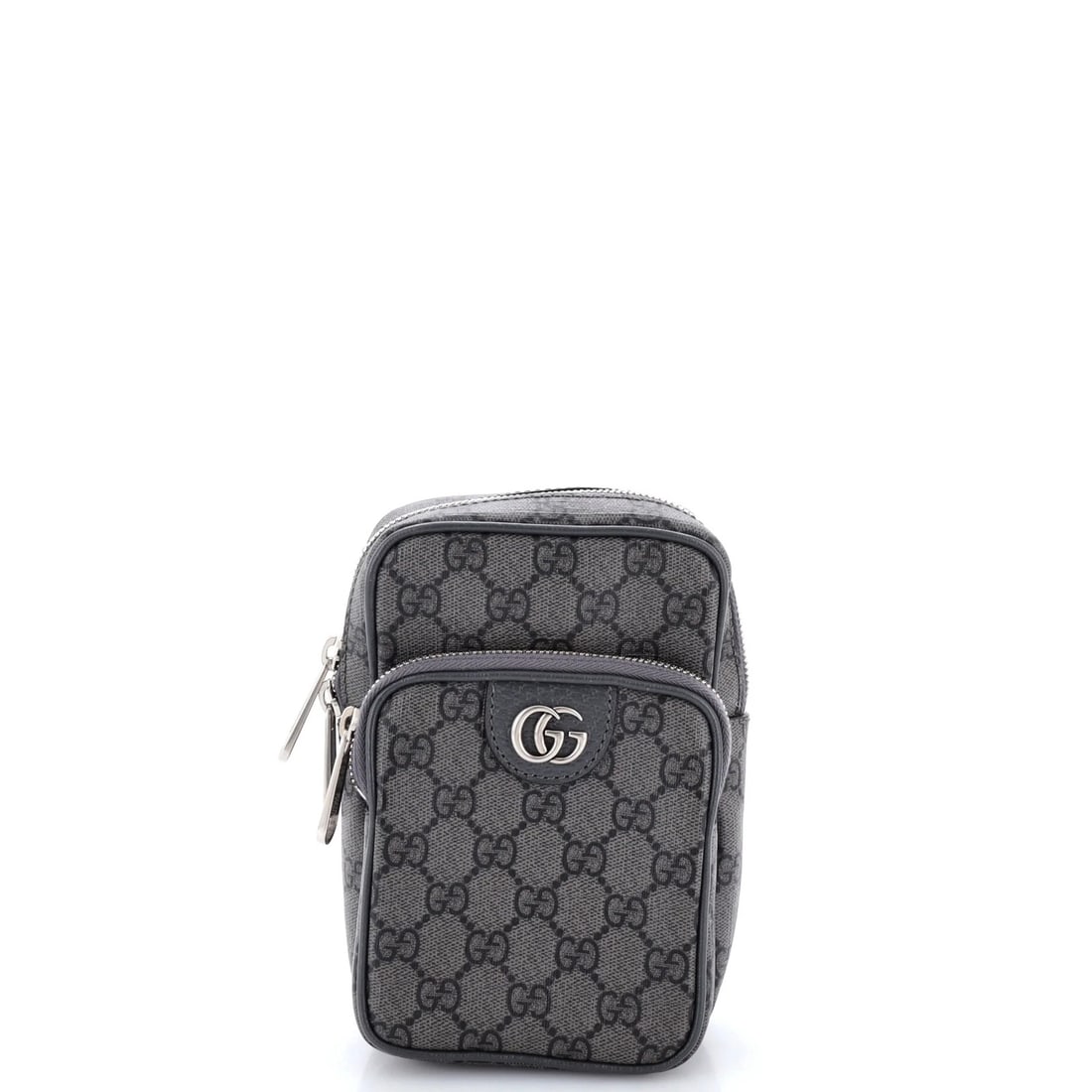 GG Coated Canvas Sling Bag Ophidia Gucci Mini: GG Coated Canvas Sling Bag Ophidia Gucci Mini The GG Coated Canvas Sling Bag Ophidia Gucci Mini boasts a stylish gray exterior with minor scuffs and creases, adding to its unique character. This compa