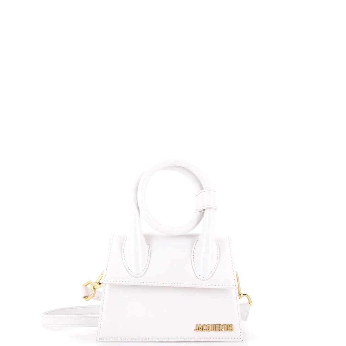 Jacquemus Le Chiquito Noeud Bag Leather: Jacquemus Le Chiquito Noeud Bag Leather White leather Jacquemus Le Chiquito Noeud Bag with gold hardware and neutral interior, featuring scuffs, creases, and minor stains on the exterior. The bag