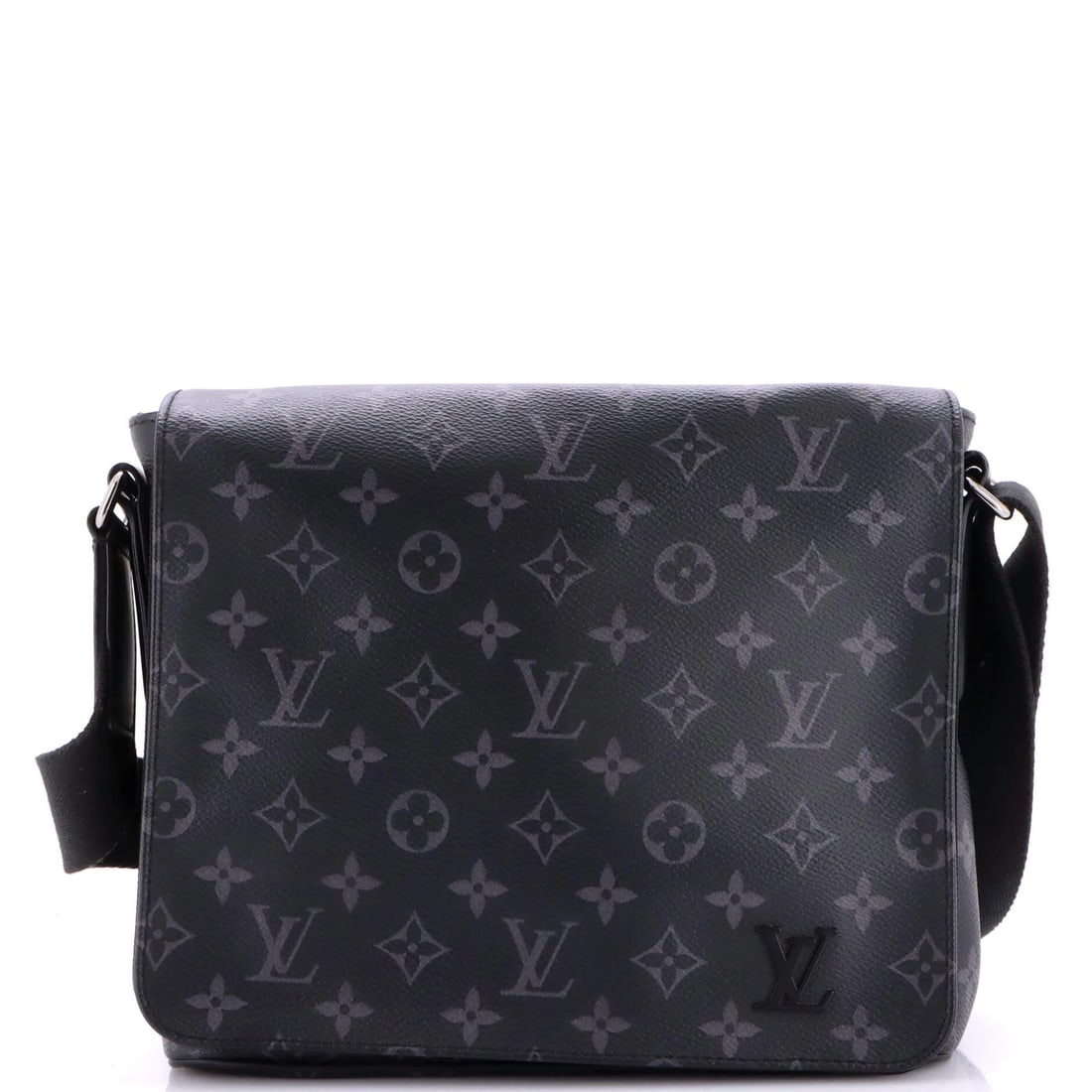 Louis Vuitton Messenger Bag District Eclipse Monogram Canvas: Louis Vuitton Messenger Bag District Eclipse Monogram Canvas Black Louis Vuitton District Eclipse Monogram Canvas Messenger Bag with silver hardware, featuring a canvas coated exterior and black inter