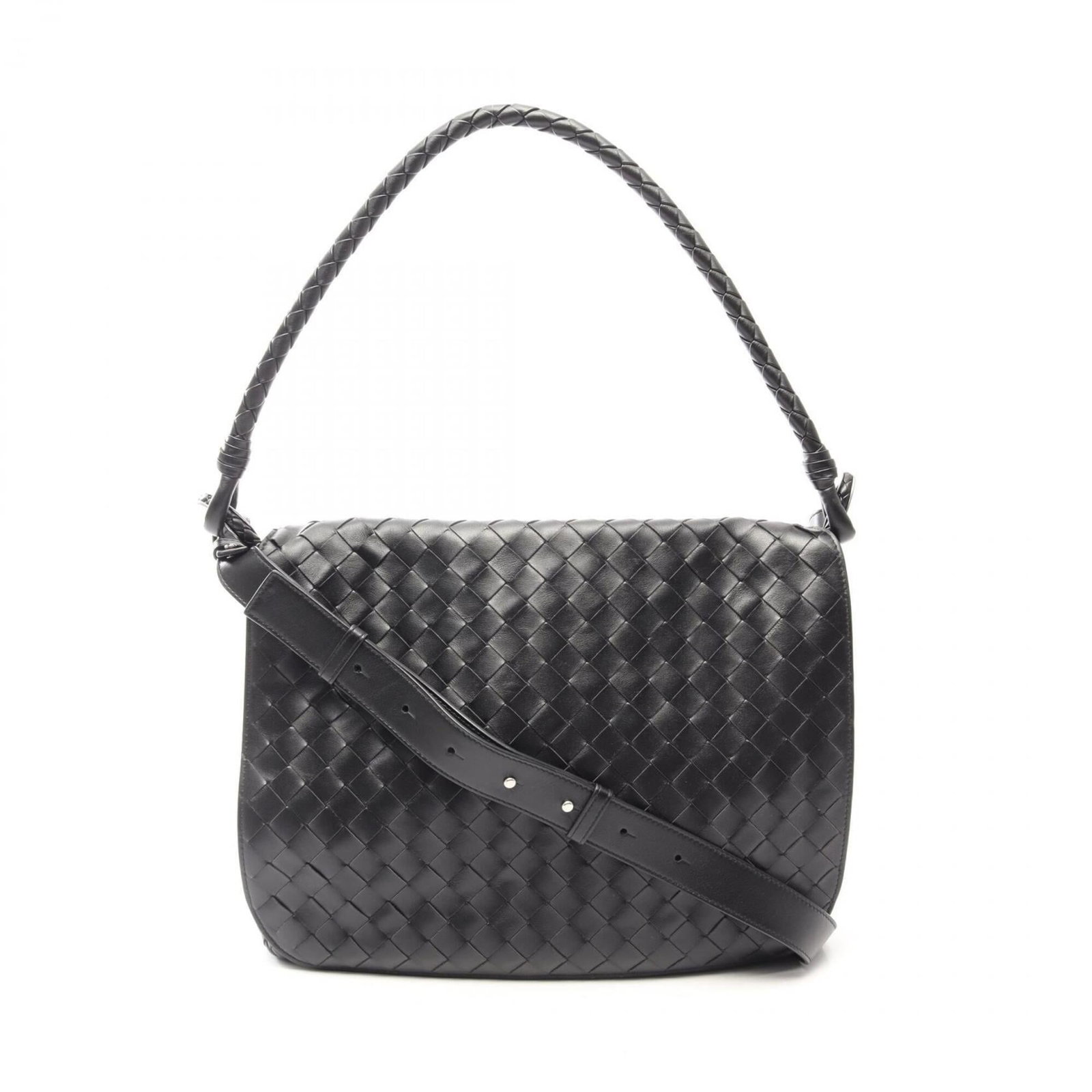 Veneta Bottega Intrecciato Handbag Messenger Bag Shoulder: Veneta Bottega Intrecciato Handbag Messenger Bag Shoulder Intrecciato woven design adds an intricate touch to this black Bottega Veneta messenger bag, featuring a classic shoulder strap. The sleek