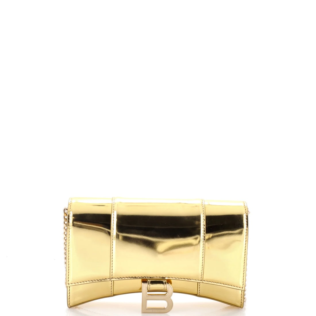 Hourglass Leather Chain Wallet Balenciaga: Hourglass Leather Chain Wallet Balenciaga Gold Balenciaga Hourglass Chain Wallet with Leather Exterior and Fabric Interior. This cross body bag features a gold tone exterior with scuffs, edge wear,