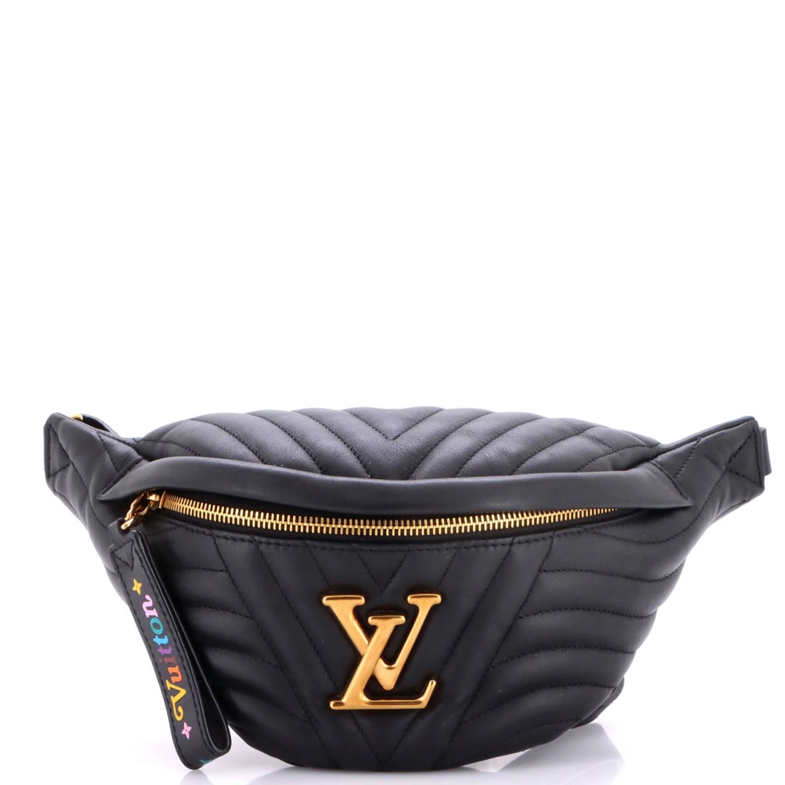 New wave quilted leather bumbag from Louis Vuitton: New wave quilted leather bumbag from Louis Vuitton New wave quilted leather bumbag from Louis Vuitton, featuring a sleek black exterior with minor scuffs and creases. The bag's quilted design adds