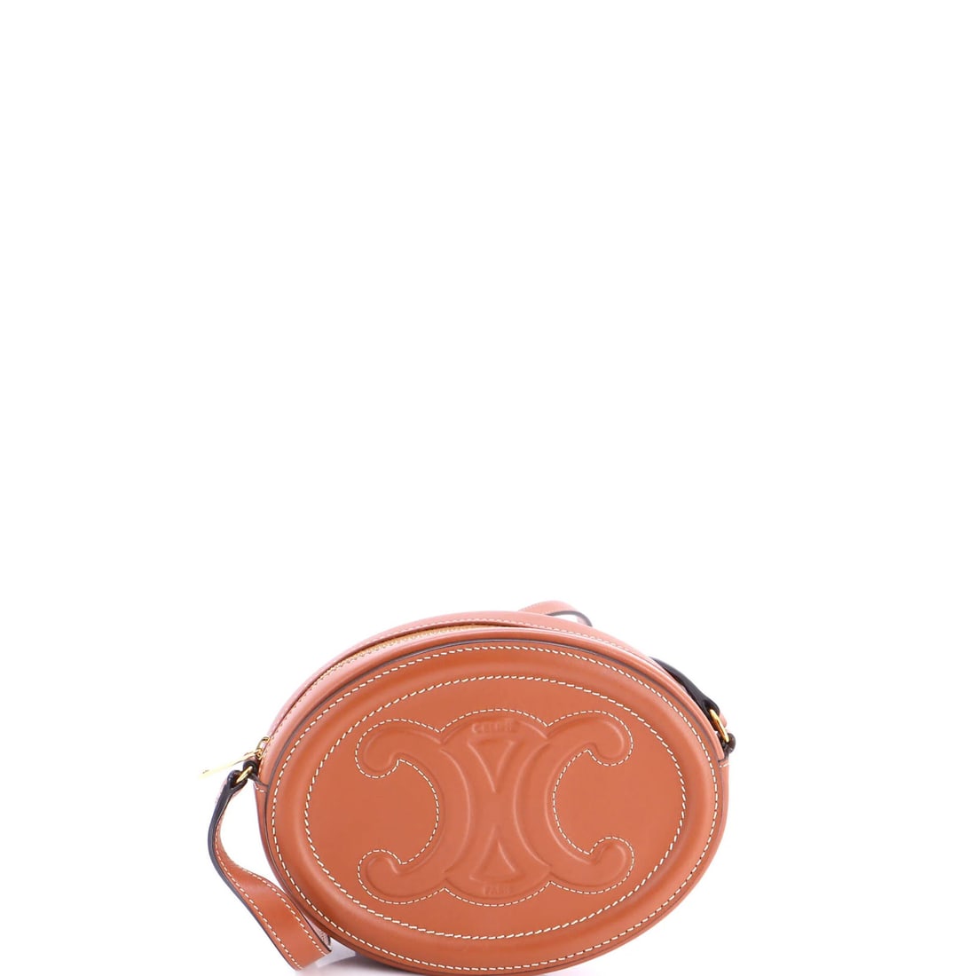 Celine Triomphe Oval Crossbody Bag Leather: Celine Triomphe Oval Crossbody Bag Leather The Celine Triomphe Oval Crossbody Bag Leather boasts a rich, brown leather exterior with gold hardware, adding a touch of sophistication to any outfit.