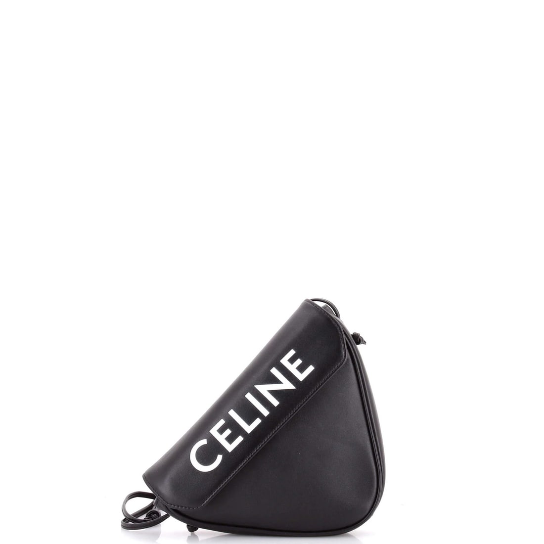 Small leather bag triangle Celine: Small leather bag triangle Celine Small leather bag in black with a classic triangle design, featuring a small size and adjustable strap drop. The exterior shows signs of wear, including scuffs, edge