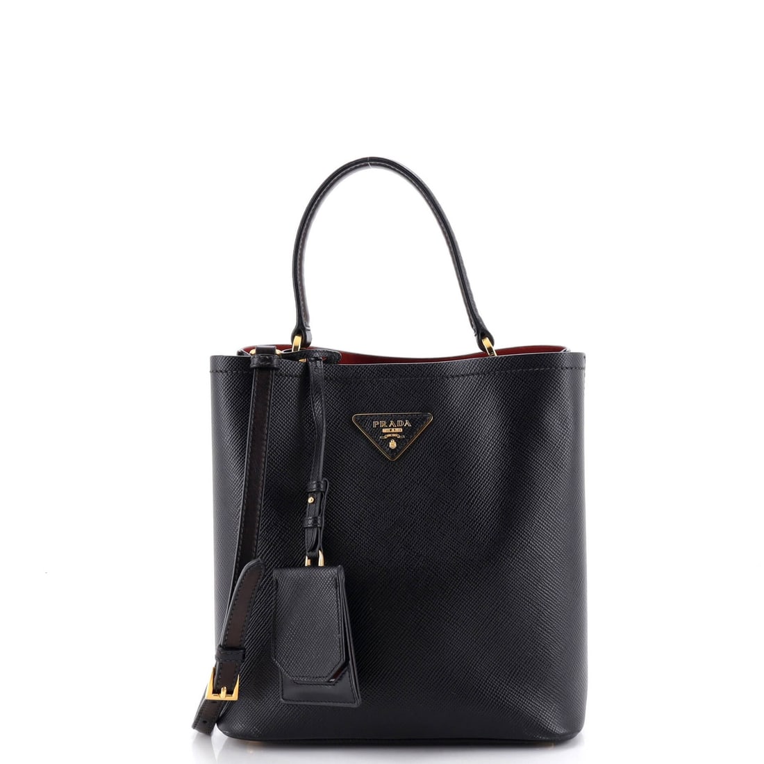 Saffiano Leather Medium Prada Bucket Bag: Saffiano Leather Medium Prada Bucket Bag Saffiano Leather Medium Prada Bucket Bag in Black. This medium-sized bucket bag features Saffiano leather exterior with heavy corner wear and minor creases,