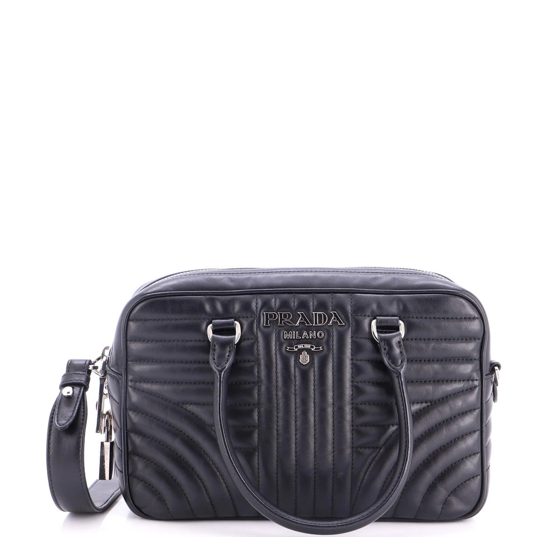Prada Bowling Bag Diagramme Quilted Leather Medium: Prada Bowling Bag Diagramme Quilted Leather Medium This Prada Bowling Bag Diagramme Quilted Leather Medium boasts sleek, all-black design with silver accents. The medium size and quilted leather